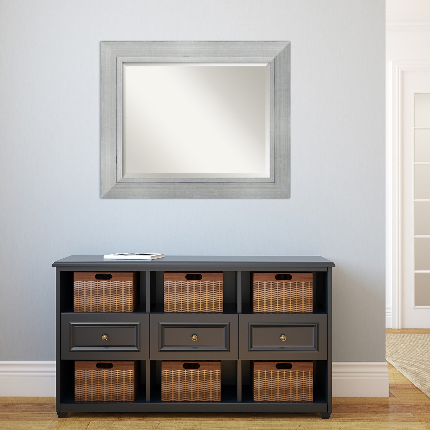 Beveled Wood Wall Mirror - Romano Silver Frame - Outer Size: 35 x 29 in