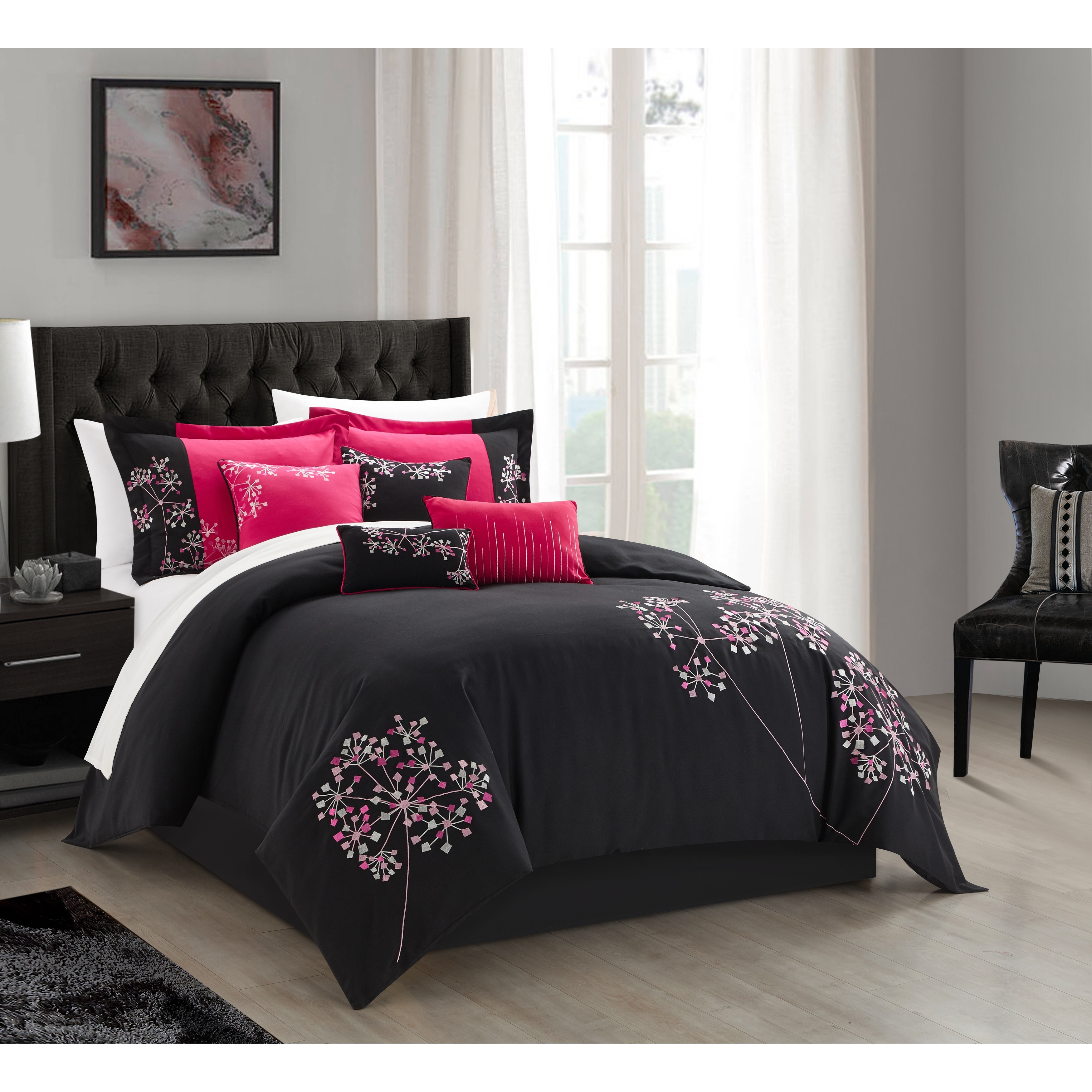 Black Floral 8-piece Embroidered Comforter Set