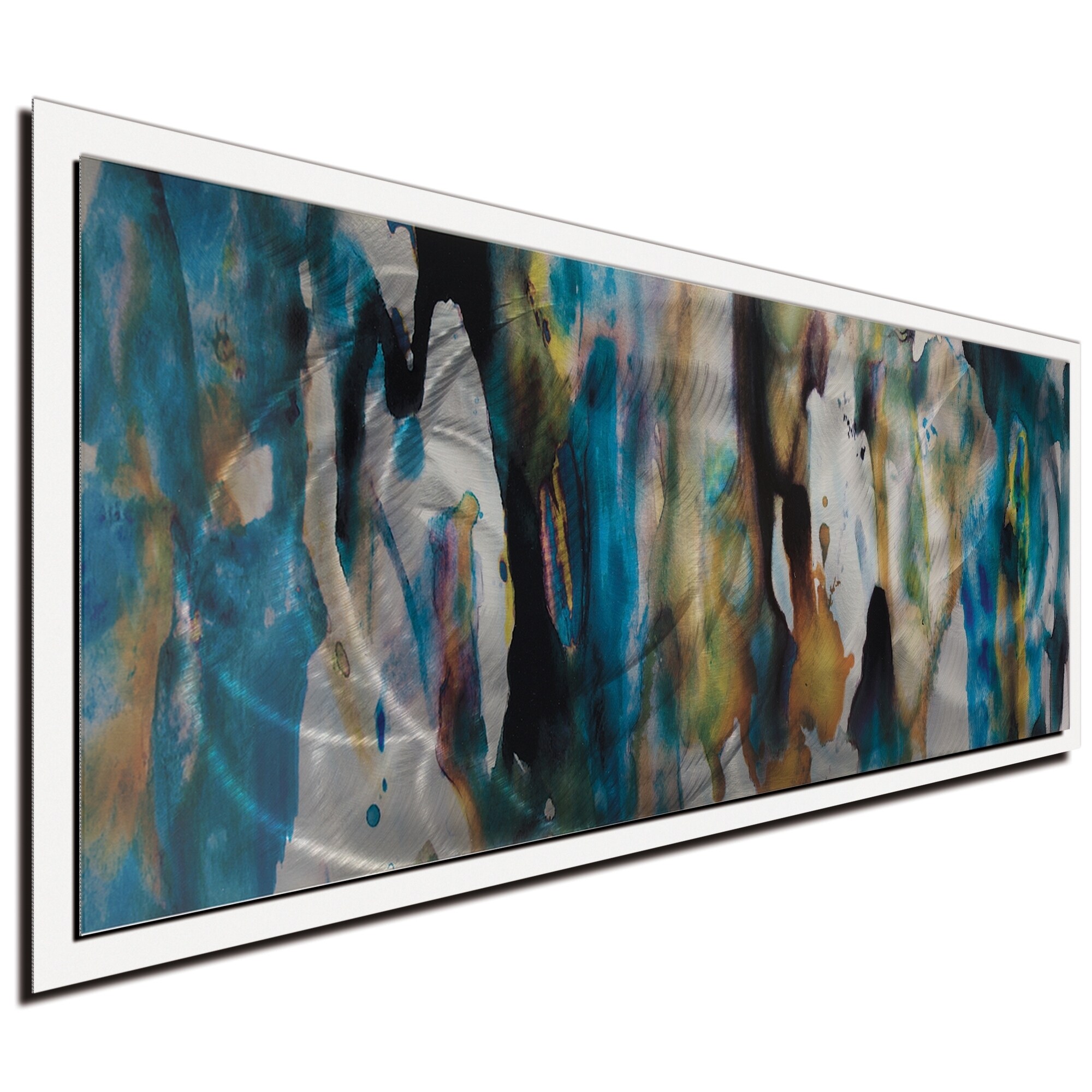 Cool Colors Metal Wall Art 'Watercolor Composition' Blue, Tan & Silver Abstract Metal Artwork
