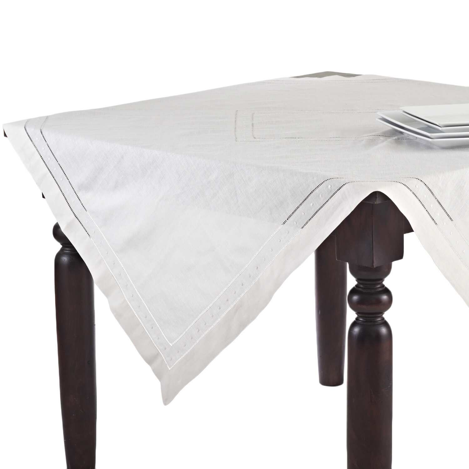 Embroidered and Hemstitch Linen Blend Tablecloth - White - 72 Inches