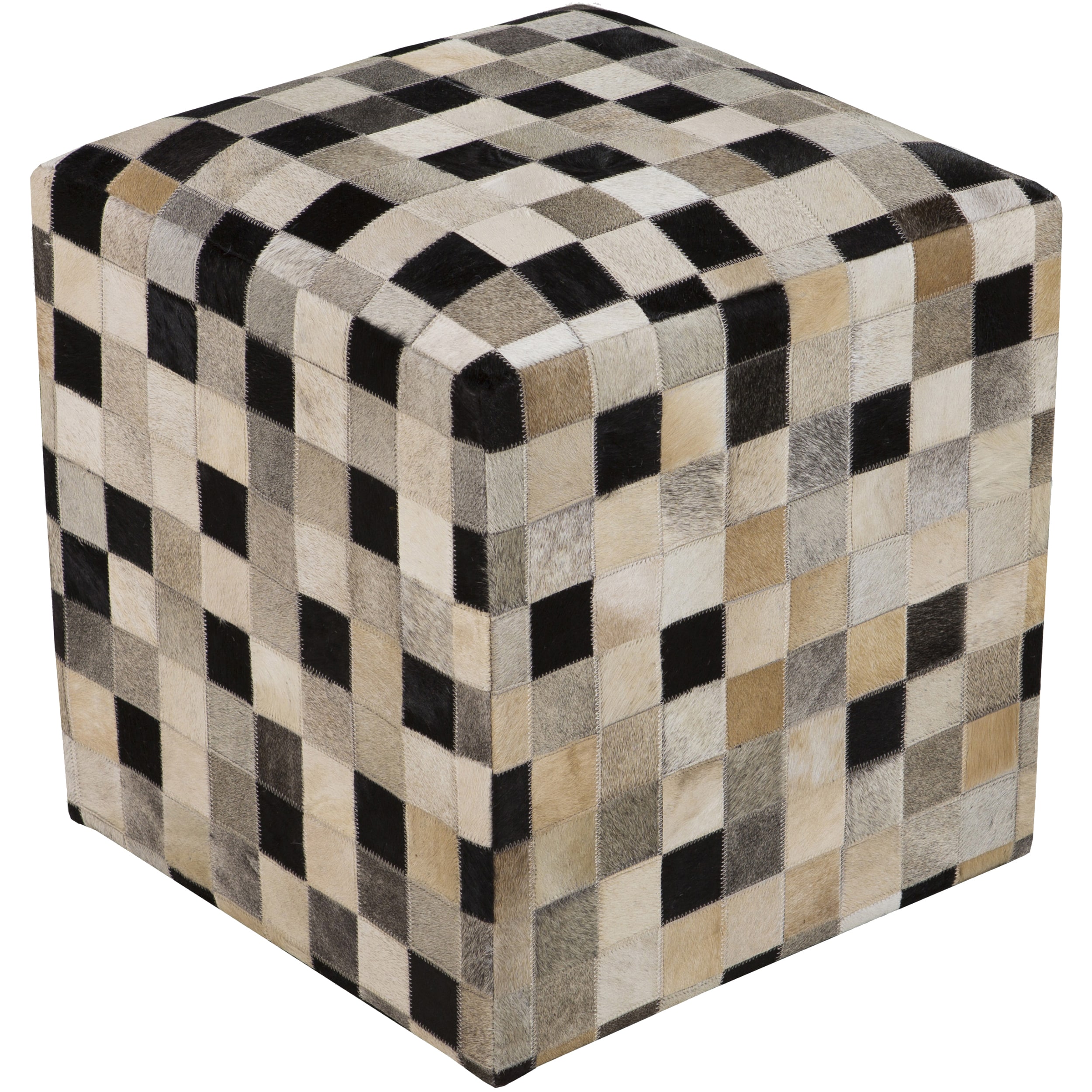 Checkered Asyut Square Hair On Hide Pouf - Beige