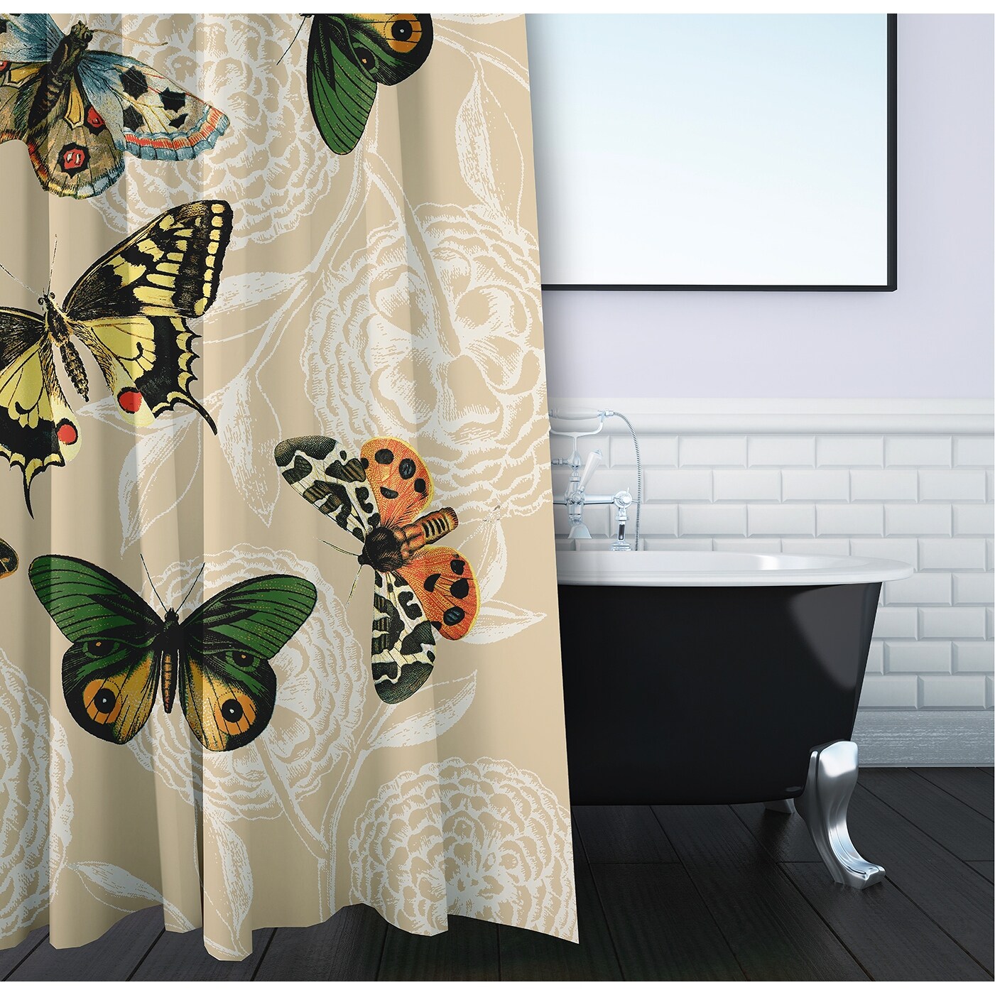 71 x 74-inch Antique Butterflies and Flowers Animal Print Print Print Shower Curtain