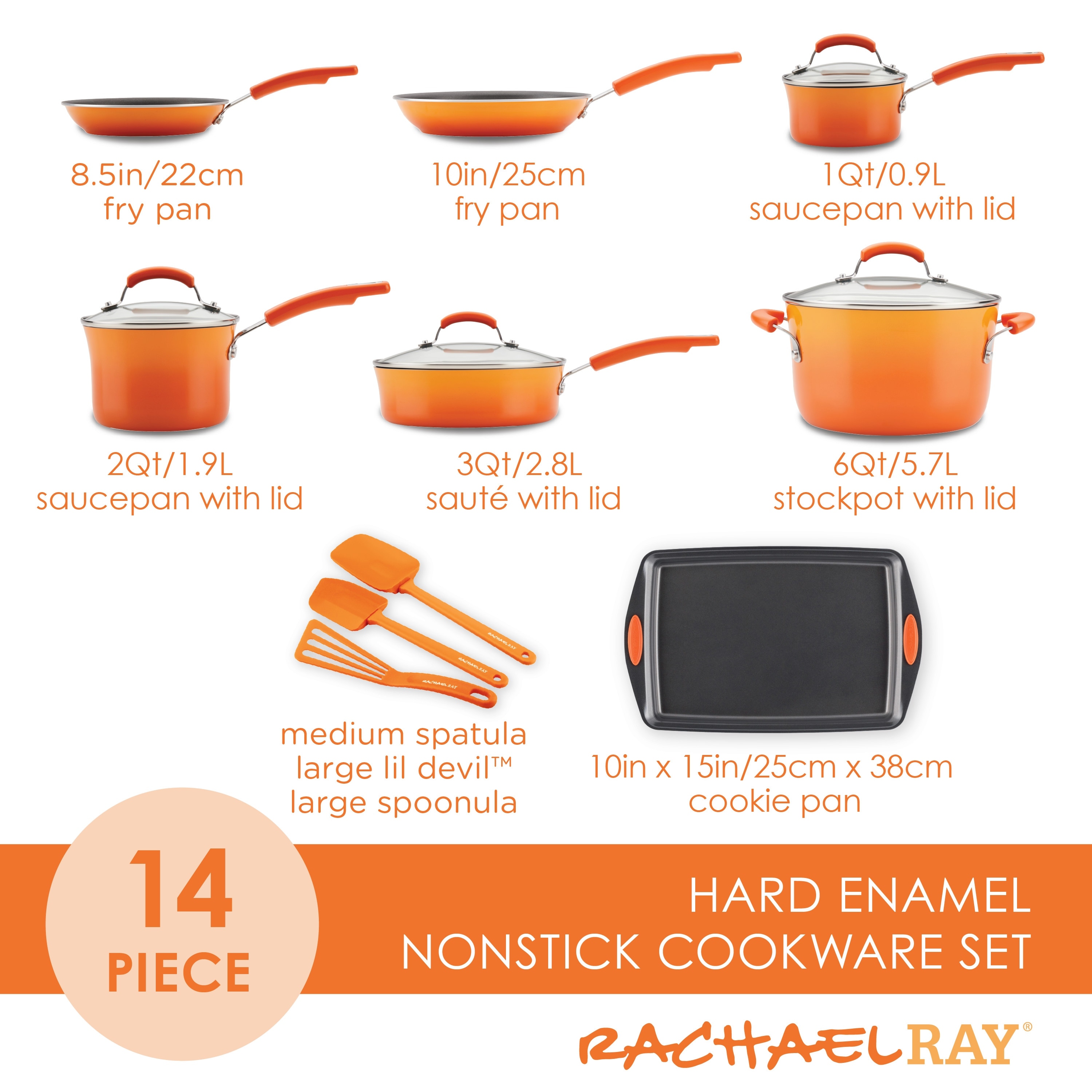 Rachael Ray Classic Brights Porcelain Enamel Nonstick Cookware Set with Bakeware and Utensils, 14-Piece, Gradient Orange