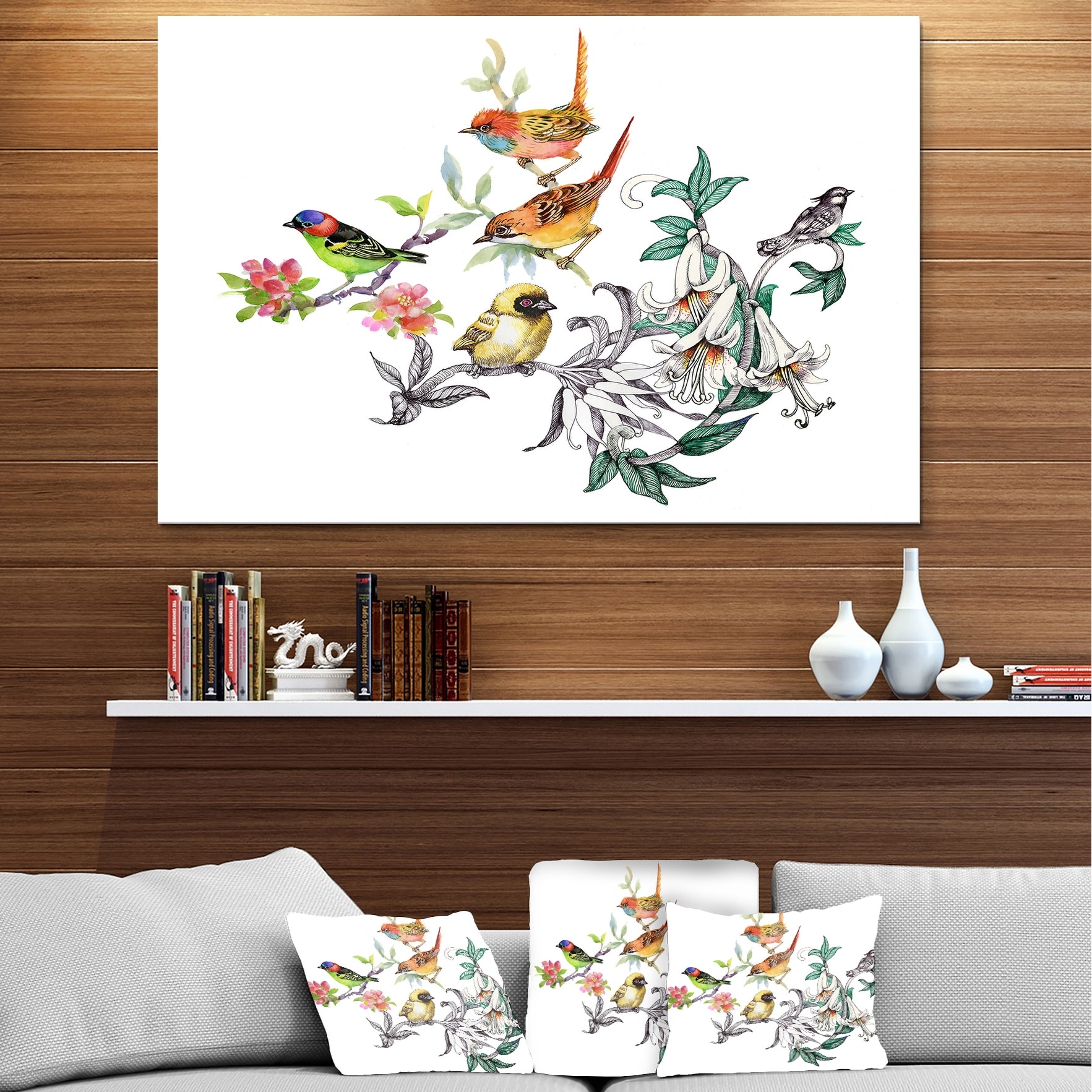 Designart - Tropical Flowers and Birds - Birds Glossy Metal Wall Art