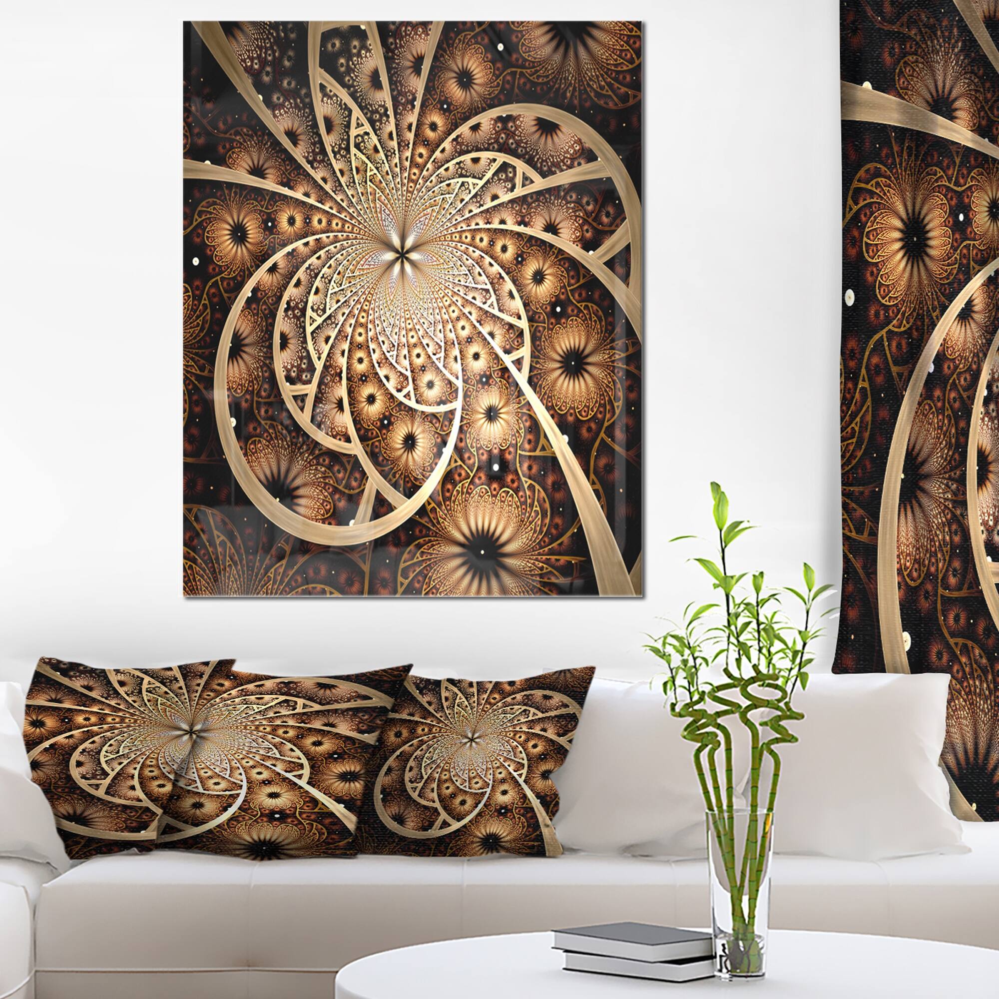Symmetrical Brown Black Fractal Flower - Modern Floral Glossy Metal Wall Art