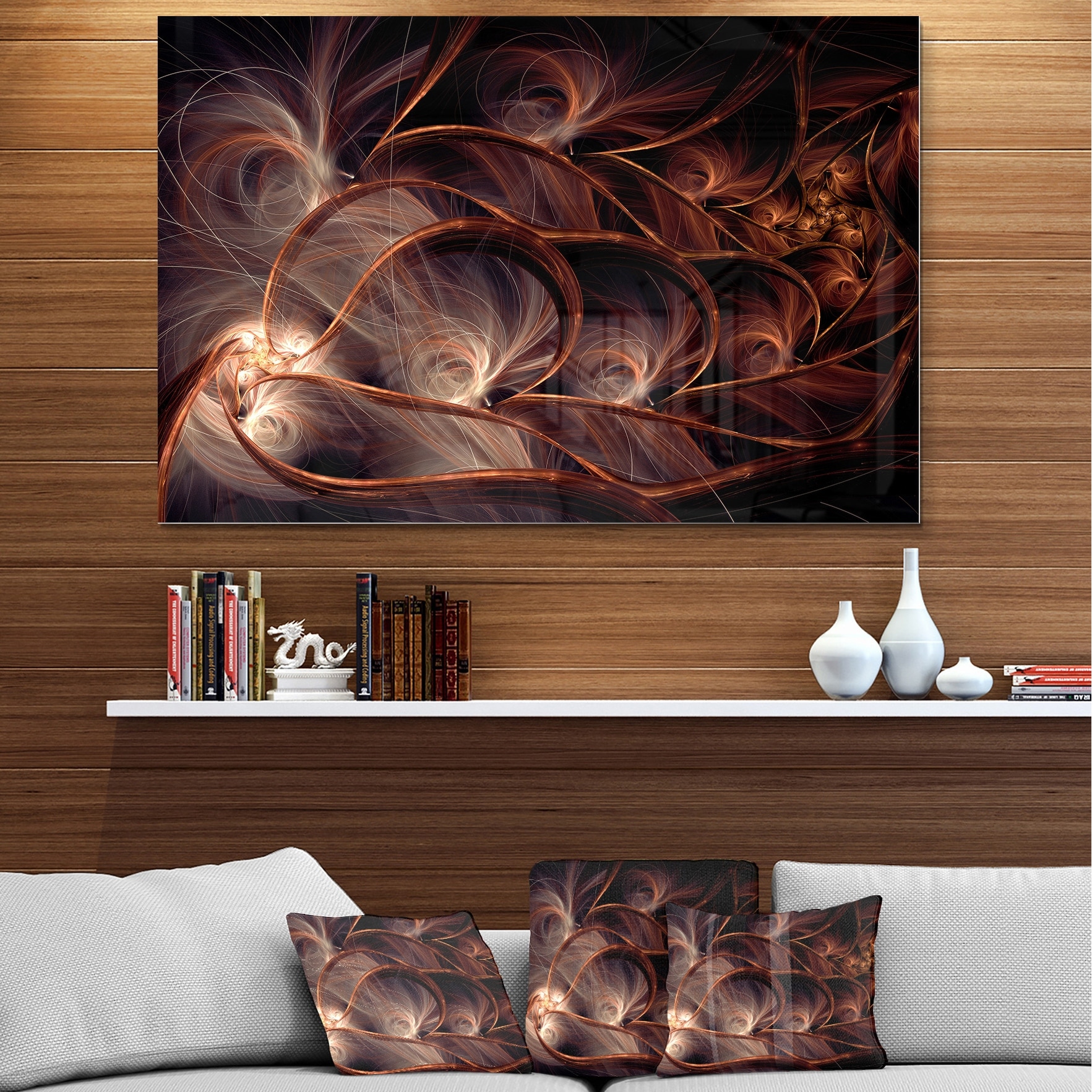 Glittering Brown Fractal Flower on Black - Large Floral Glossy Metal Wall Art