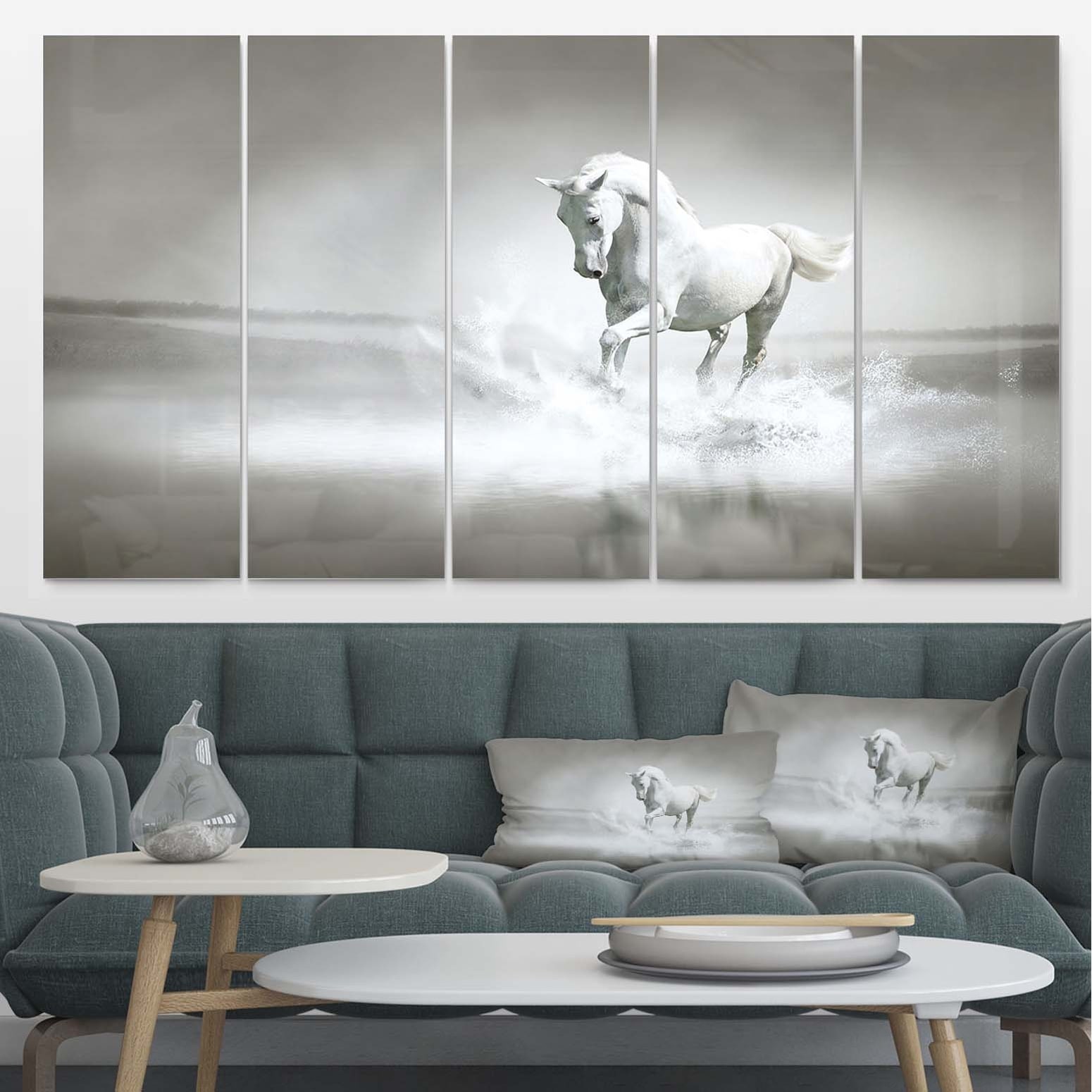 Designart 'White Horse Running in Water' Extra Large Animal Metal Wall Art
