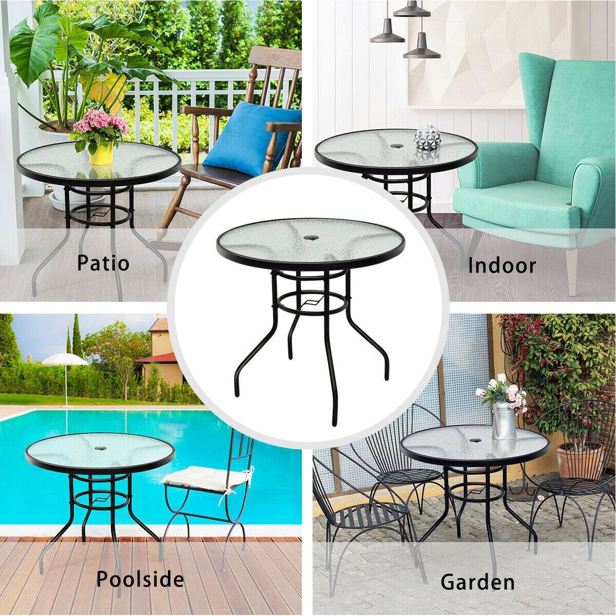 Costway 32'' Patio Round Table Tempered Glass Steel Frame Outdoor Pool - 32'' x 28.3''