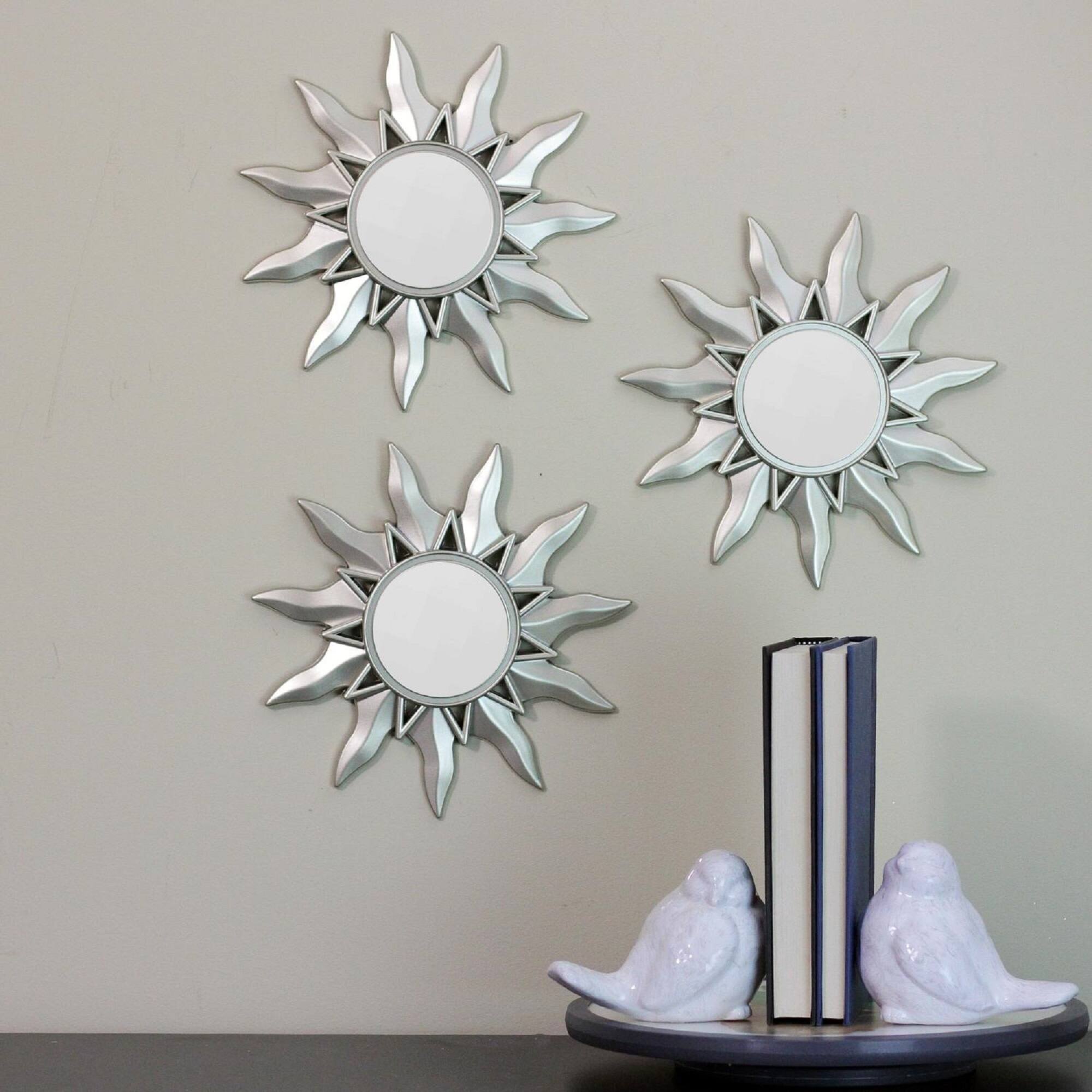 Set of 3 Mayan Sunburst Matte Silver Round Mirrors 9.5"