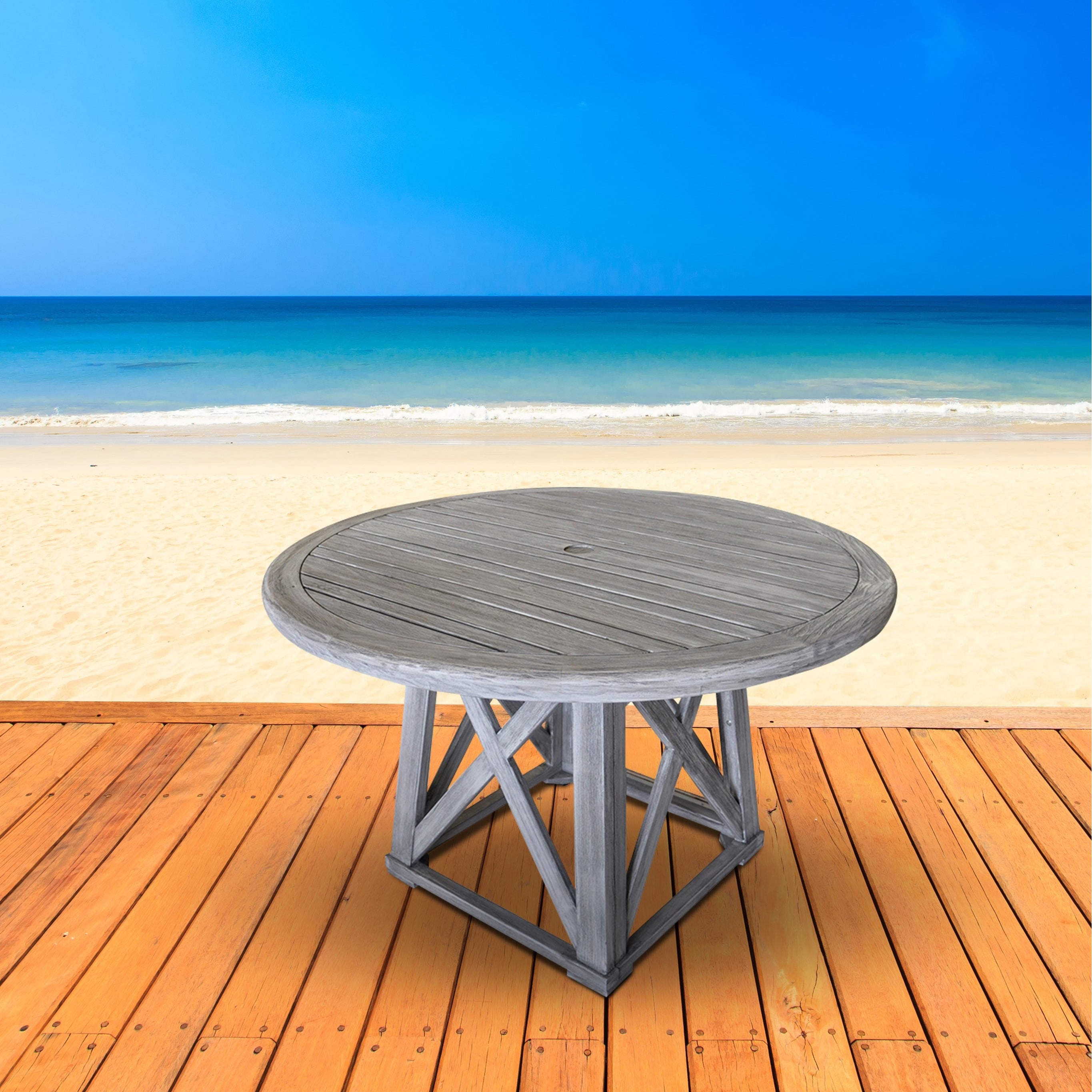 Courtyard Casual Gray Teak Round Surf Side Outdoor Dining Table