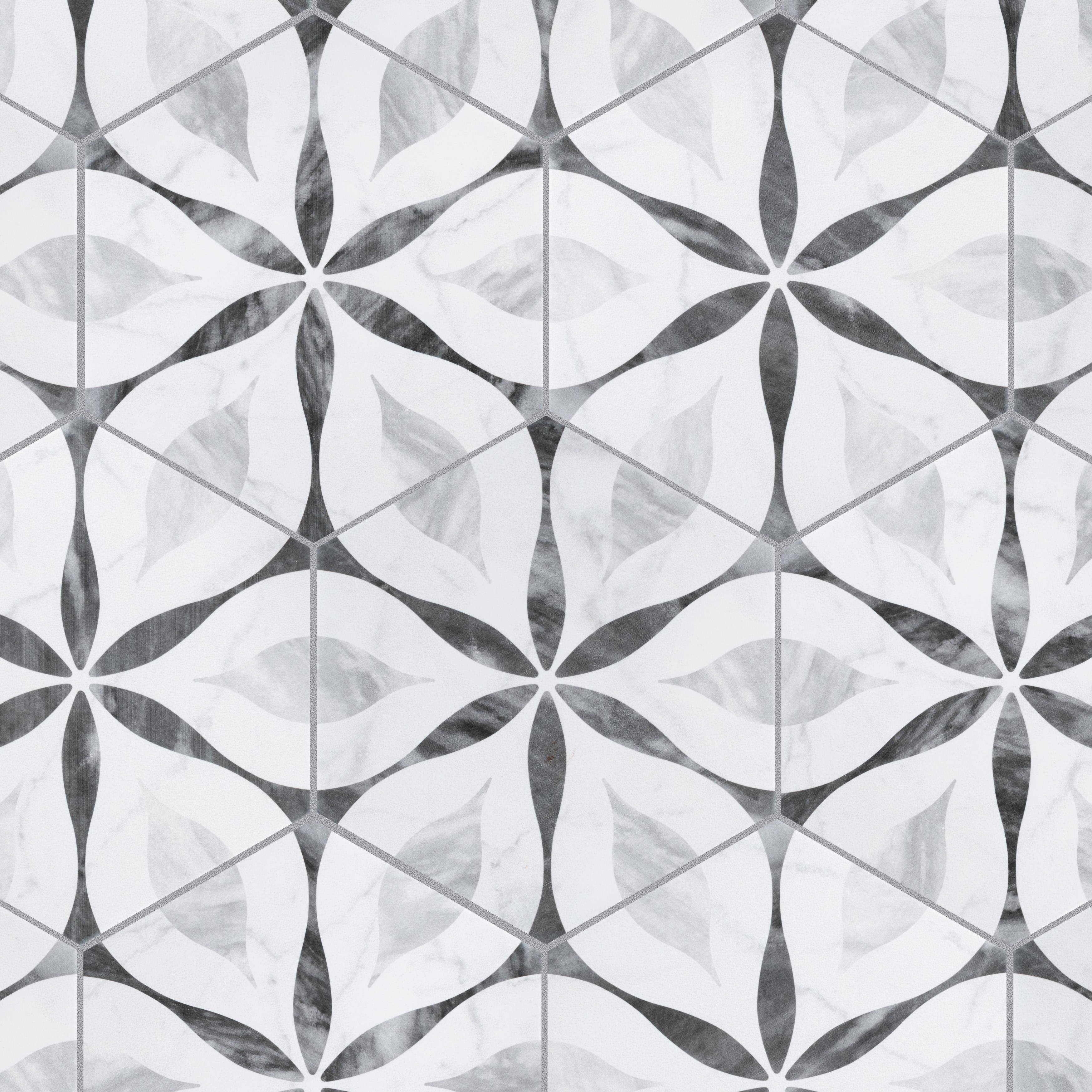Merola Tile Classico Bardiglio Hexagon Flower 7" x 8" Porcelain Floor and Wall Tile