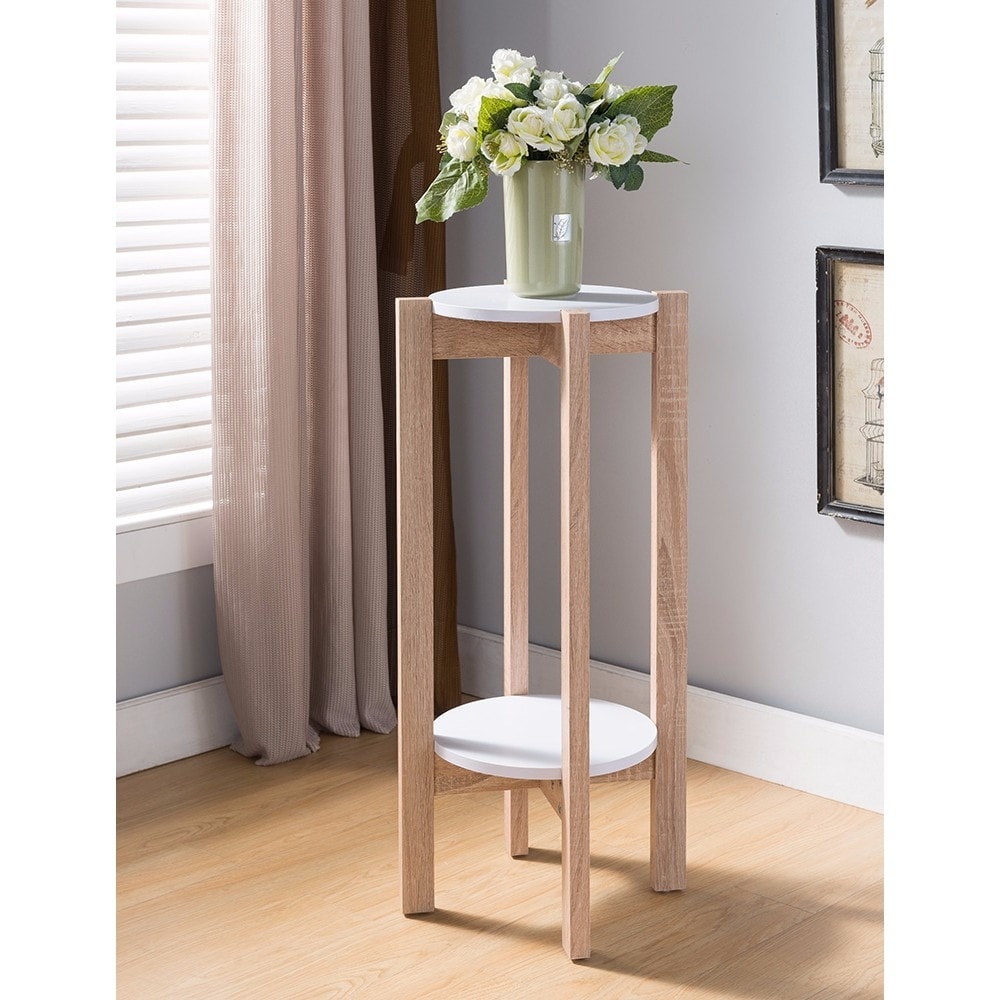 Natural Wood Plant Stand With Two Round Shelves, Light Brown and white