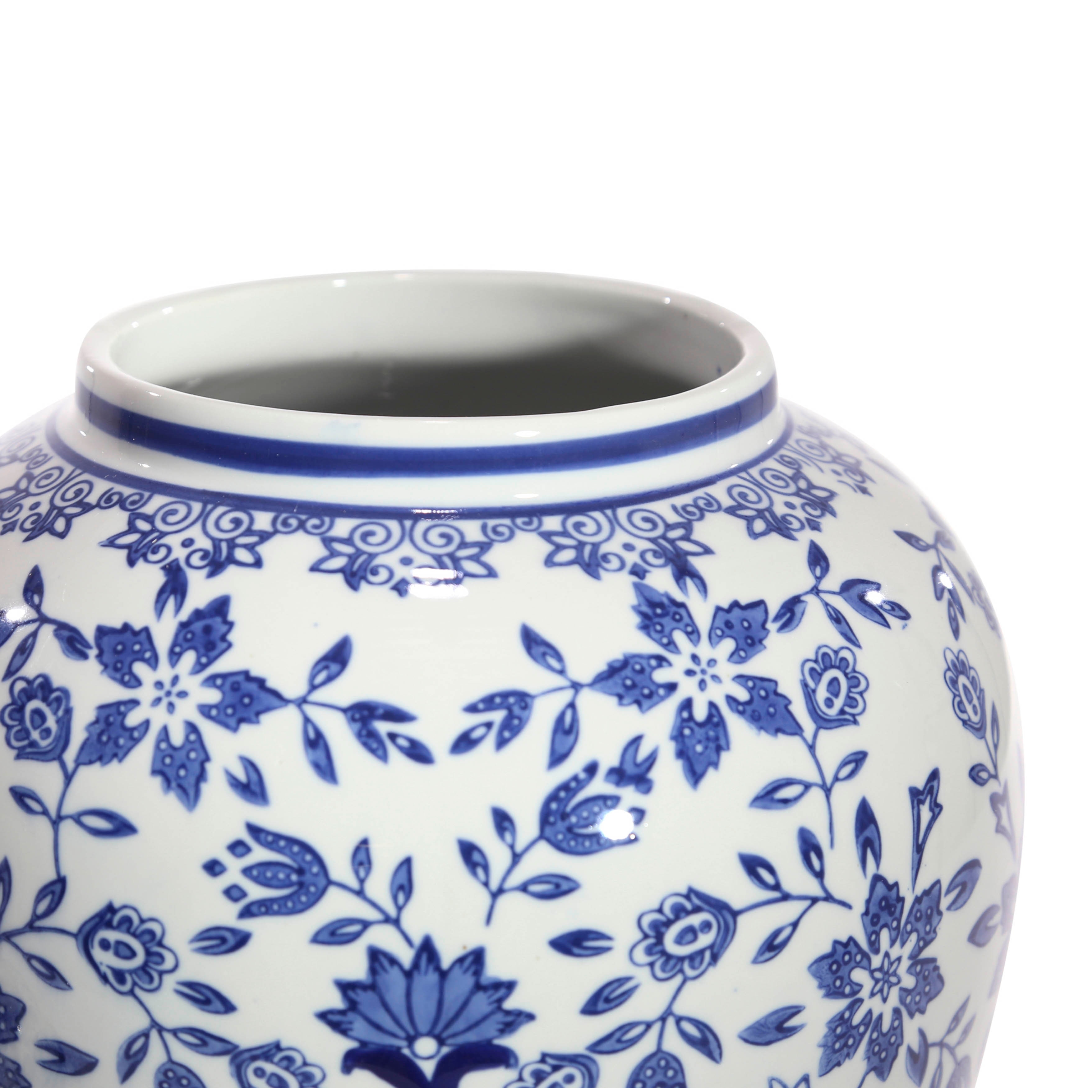 18" Ceramic Temple Jar with Lid Contemporary Vintage Style Blue and White Chinoiserie Floral Design Home or Office