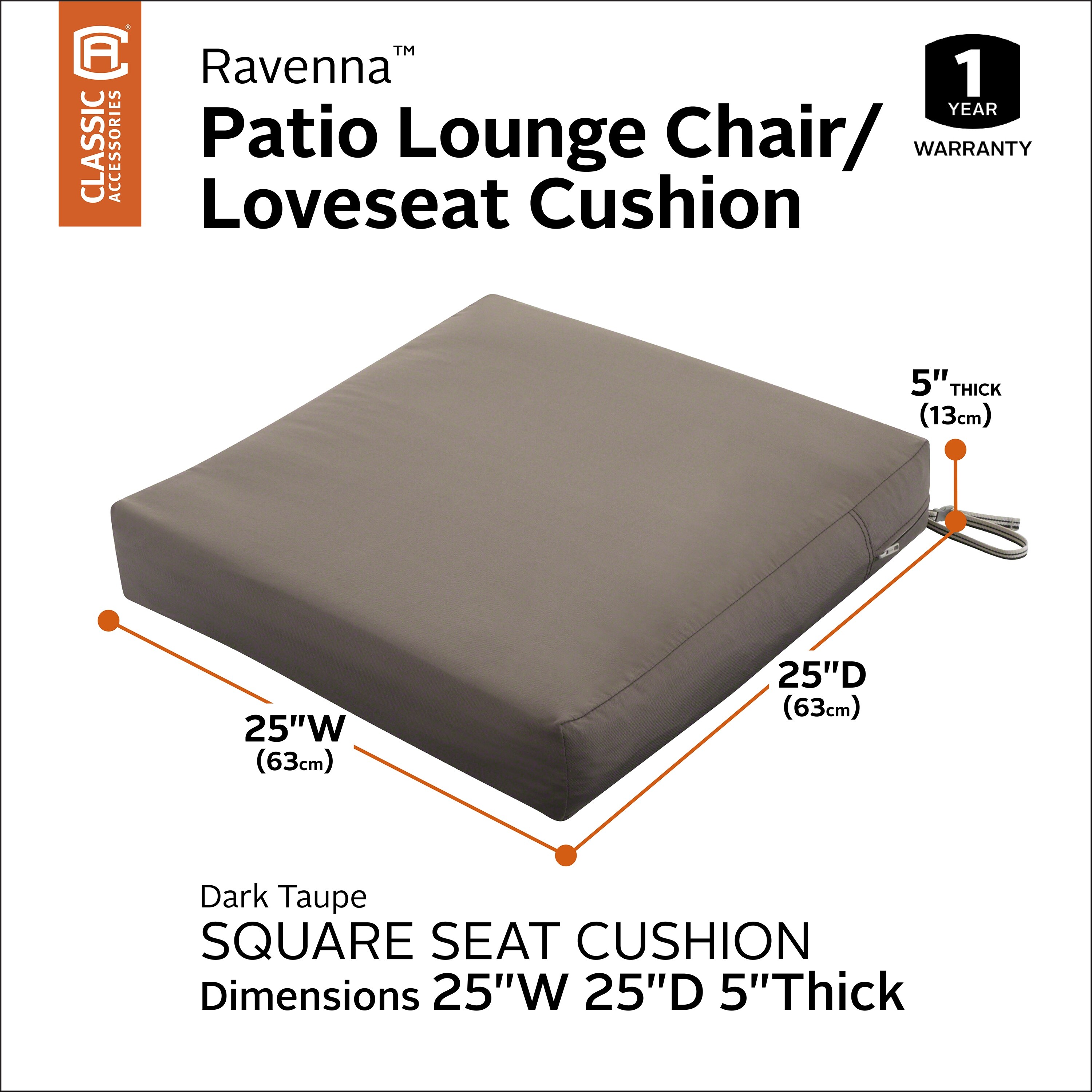 Ravenna Square Patio Seat Cushion Slip Cover & Foam, 25"W x 25"D x 5"T
