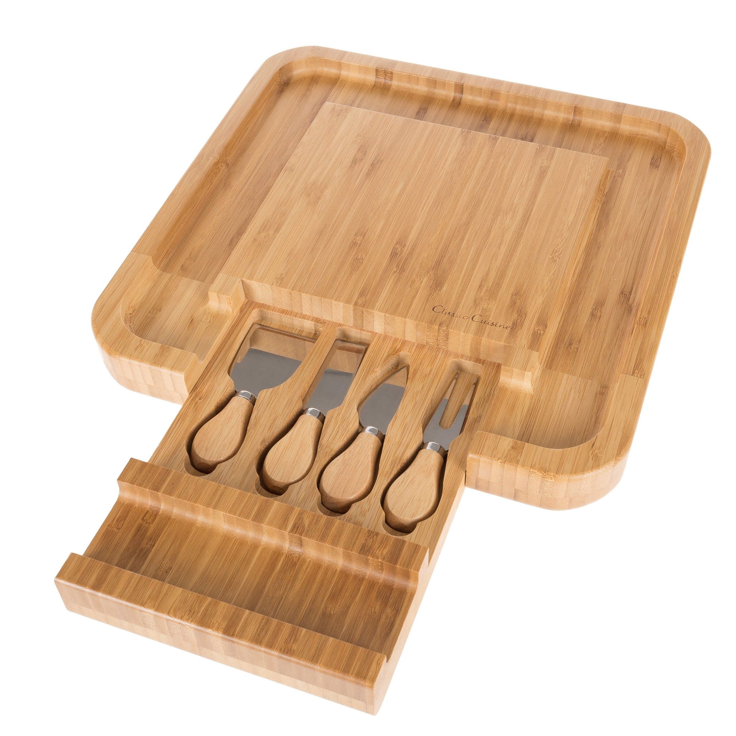 Bamboo Cheese Serving Tray with 4 Piece Stainless Steel Cutlery Set and Storage Drawer Classic Cuisine