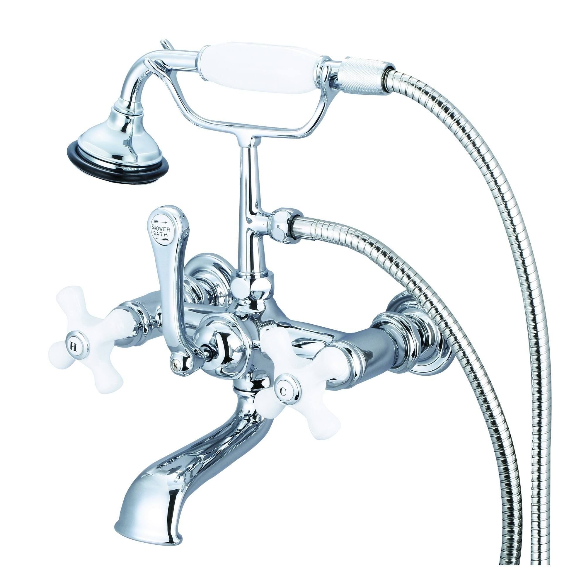 Vintage Classic 7 Inch Spread Wall Mount Tub Faucet with Straight Wall Connector & Handheld Shower in Chrome Finish - labeled porcelain cross handles