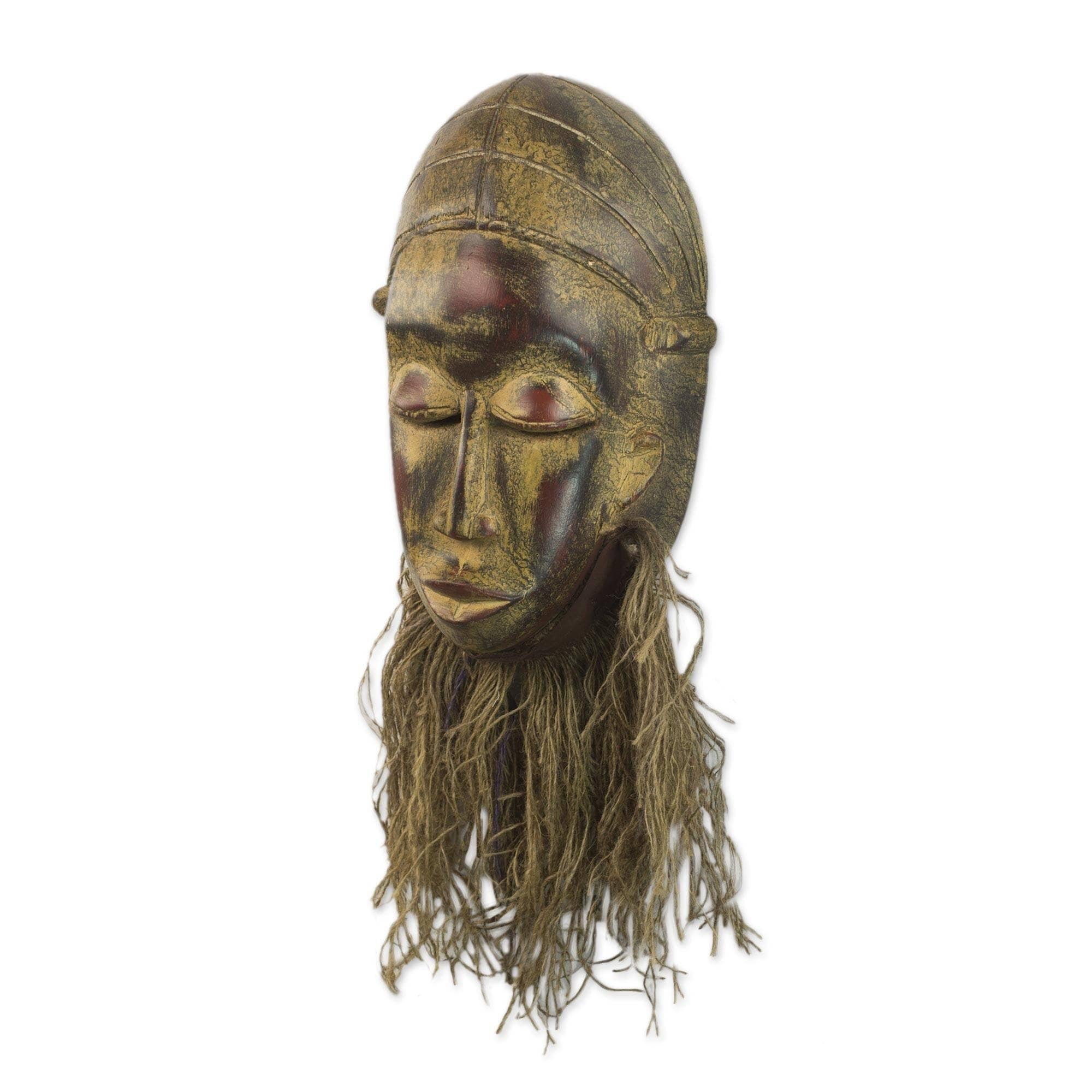 Handmade Bearded Baule Wood Mask (Ghana) - 13" H x 8" W x 4.1" D