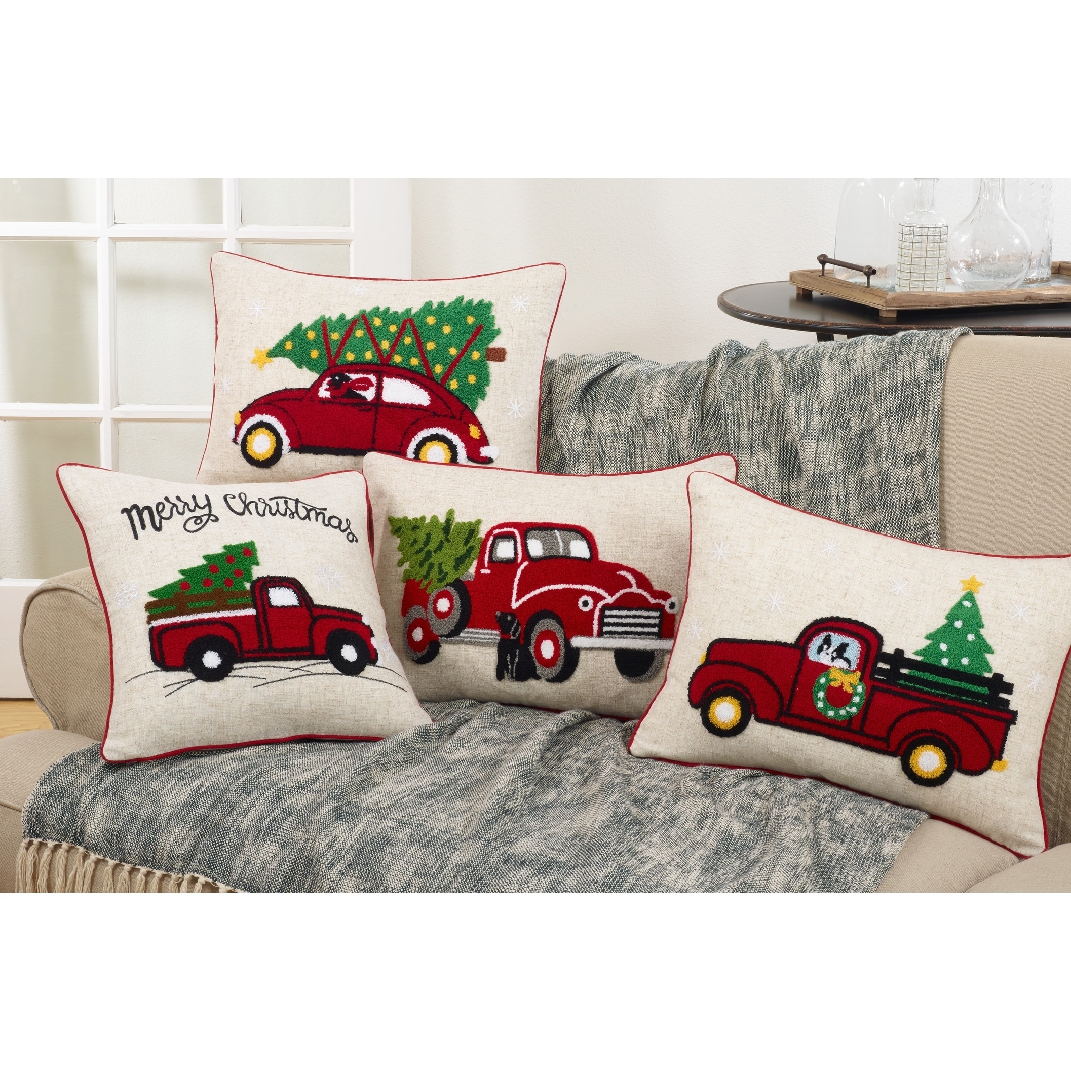 Christmas Vintage Red Truck Down Filled Throw Pillow - Green