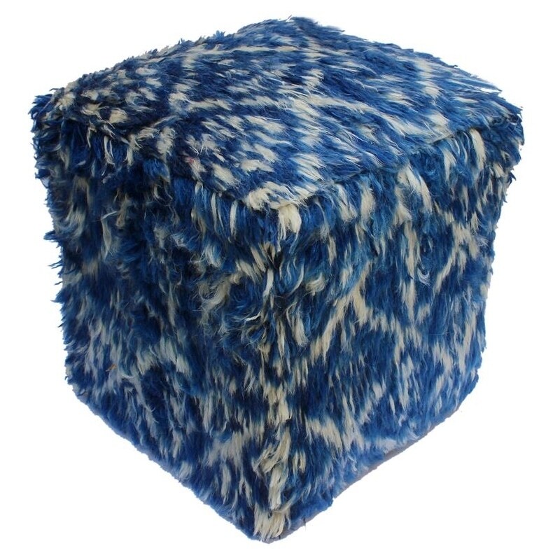Arshs Corine Blue/Ivory Morrocan Wool Upholstered Handmade Ottoman (18" x 18" x 20")