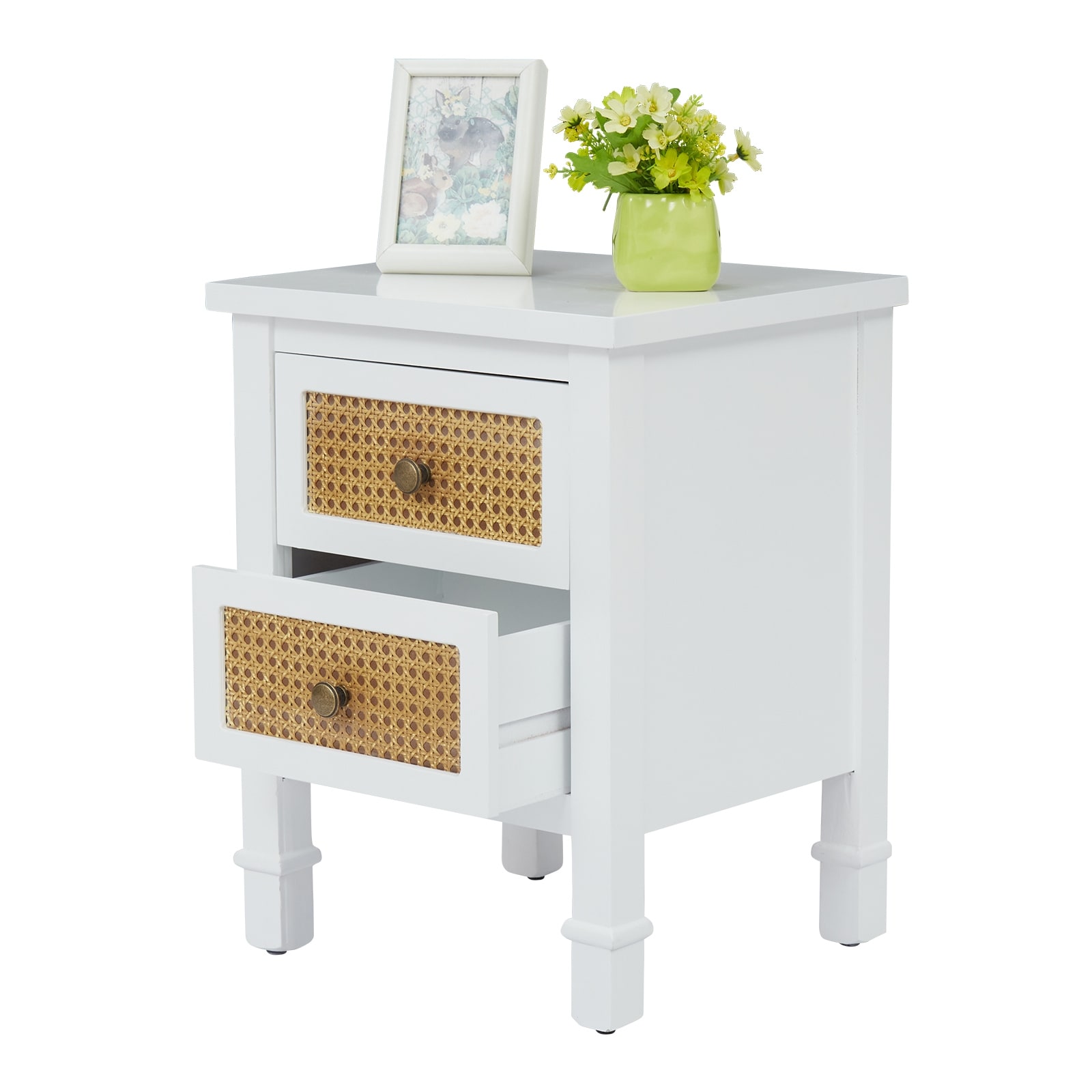 Farmhouse Nightstand End Table with 2 Rattan Decorated Drawers, Night Stand for Bedroom, Living Room, Dorm (White)