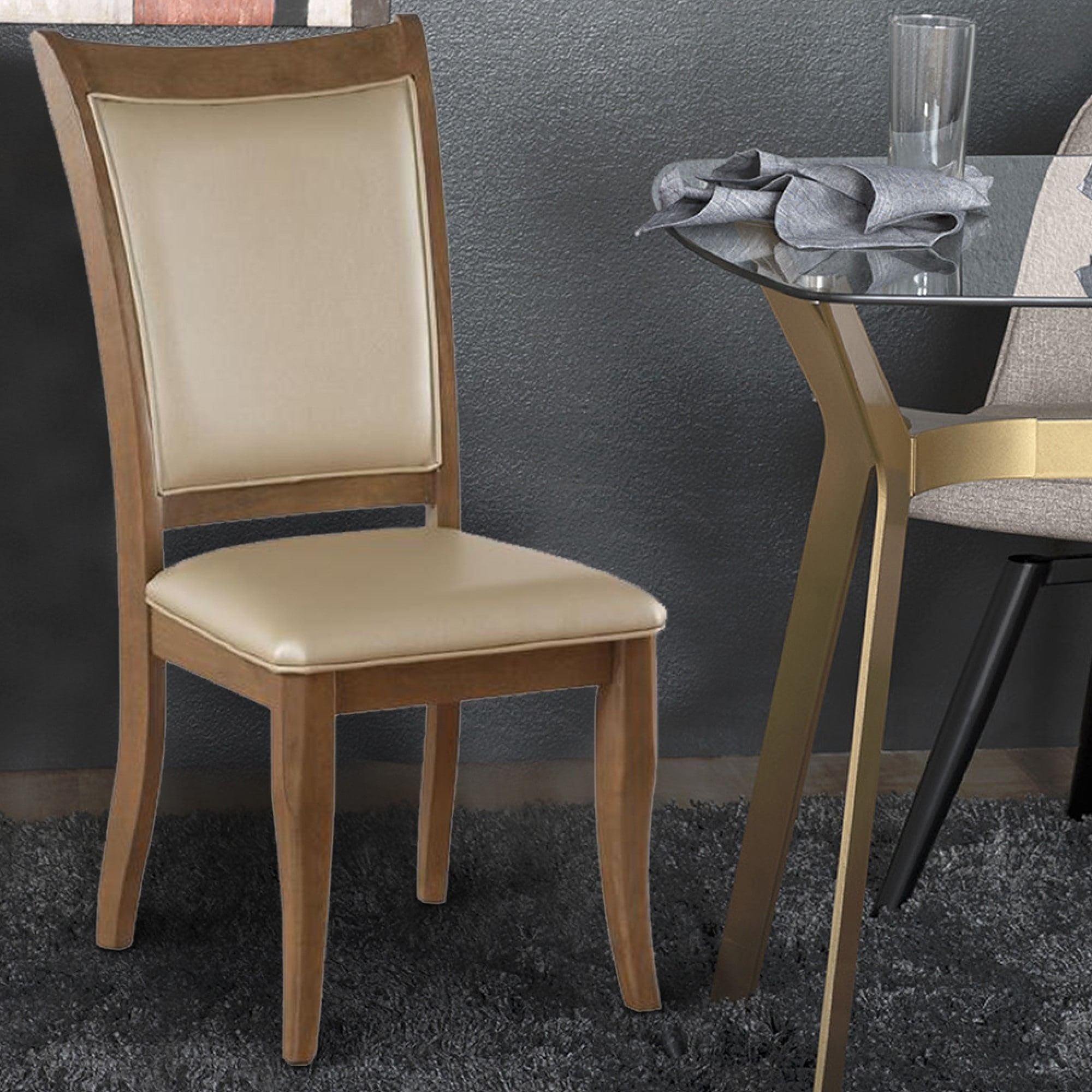 Leatherette Upholstered Wooden Side Chair, Set of 2, Beige and Brown