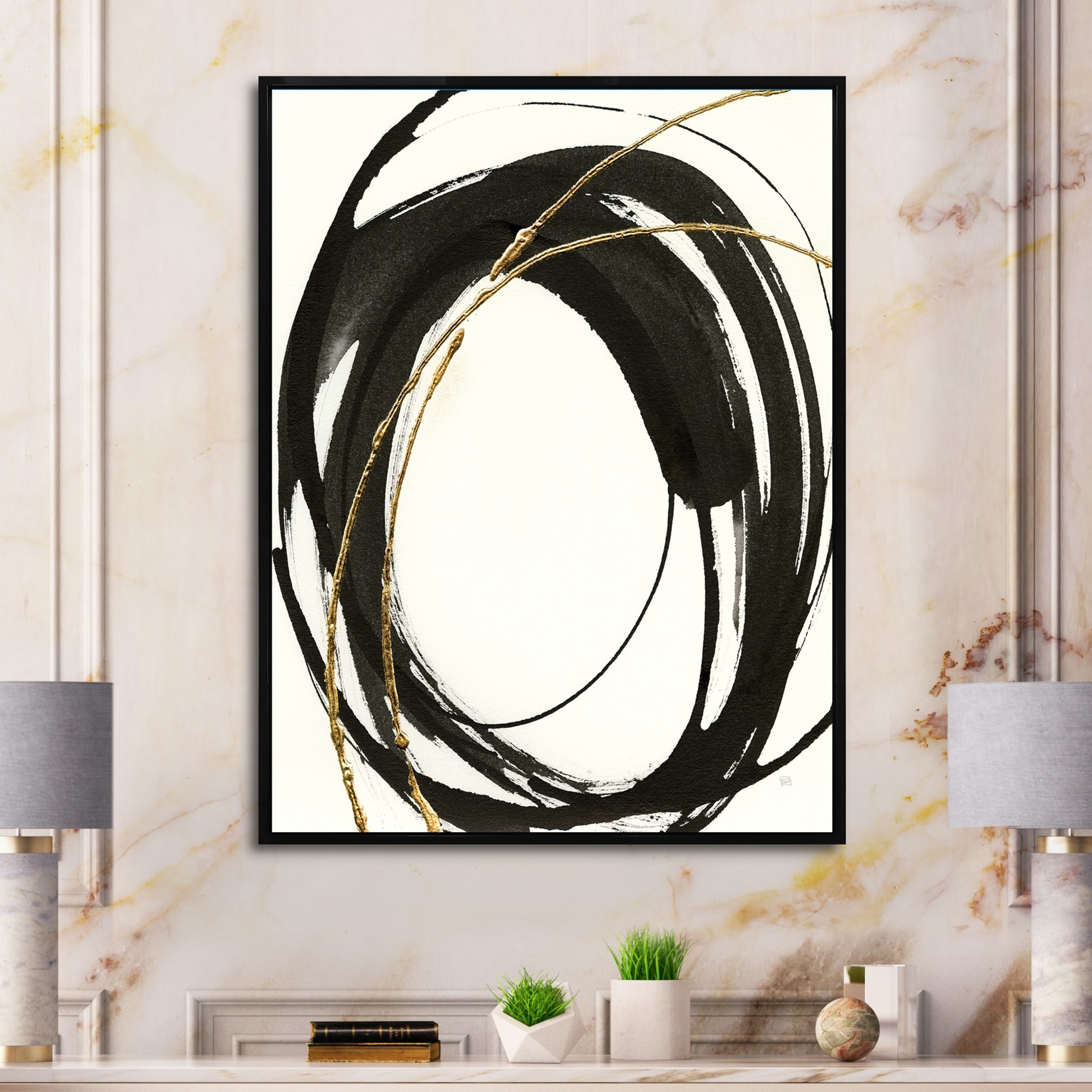 Designart "Gold Glamour Circle I" Modern Framed Canvas Print - Black