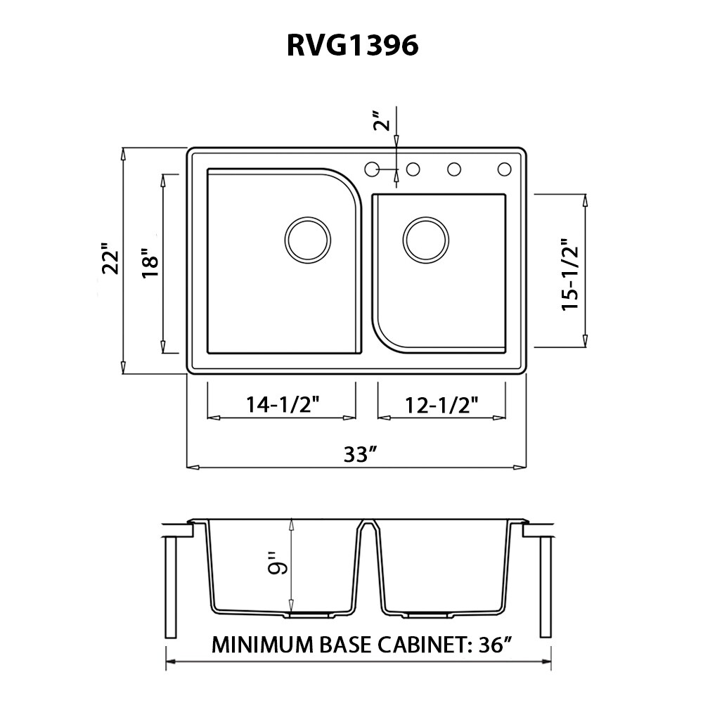 Ruvati 33 x 22 inch epiGranite Dual-Mount Granite Composite Double Bowl Kitchen Sink - Midnight Black - RVG1396BK