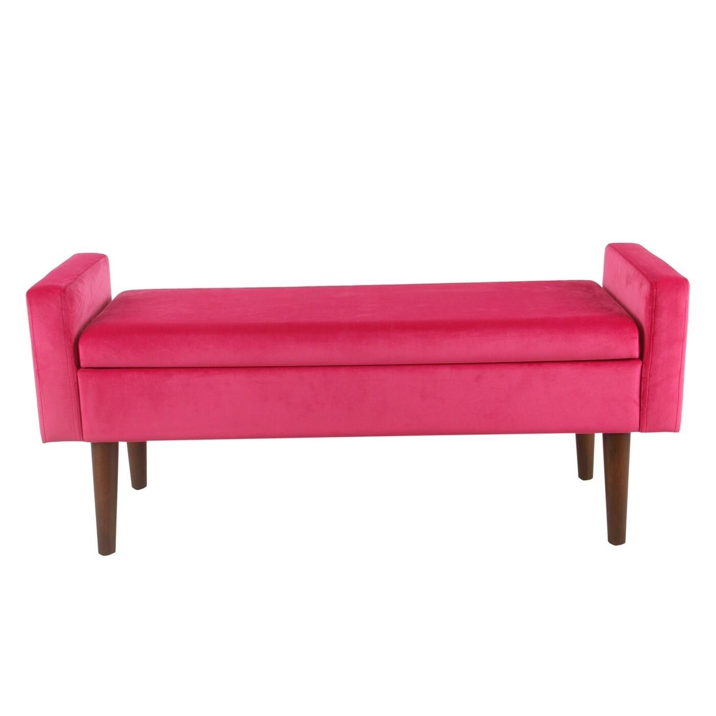 Velvet Upholstered Wooden Bench with Tapered Legs and Track Armrest, Pink