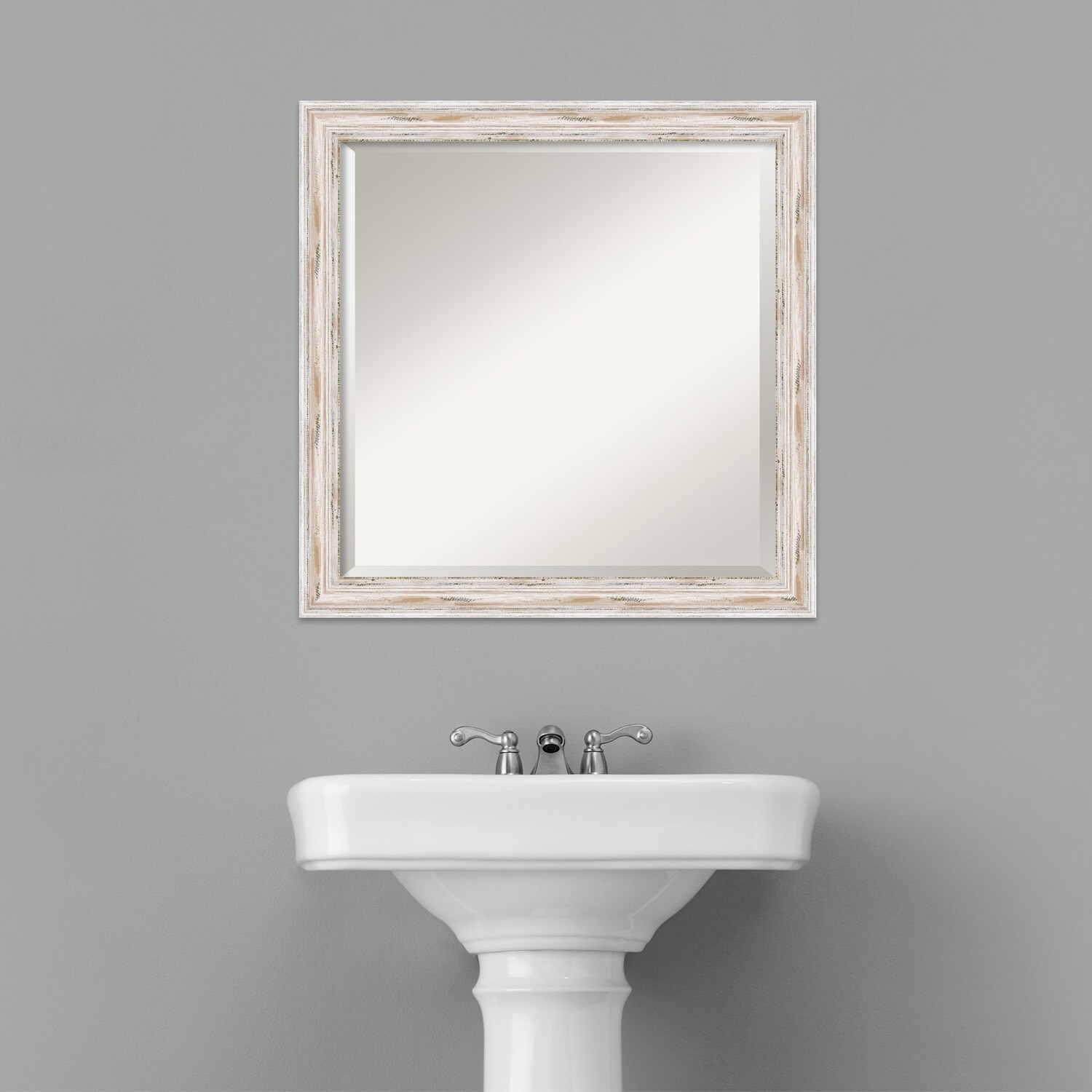 Beveled Wood Bathroom Wall Mirror - Alexandria White Wash Narrow Frame - Outer Size: 23 x 23 in