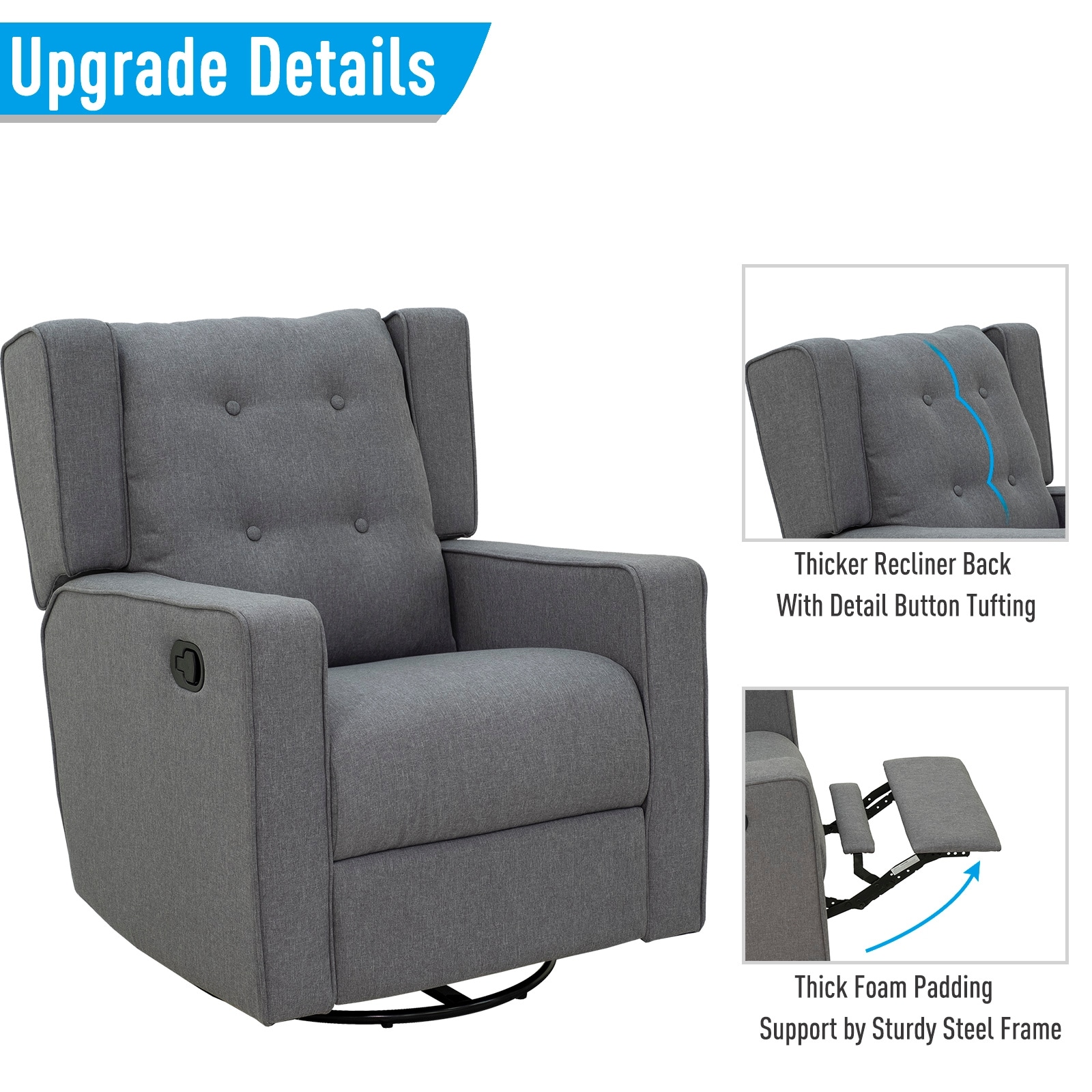 HomCom Grey Polyester Linen Upholstered Swivel Recliner Chair