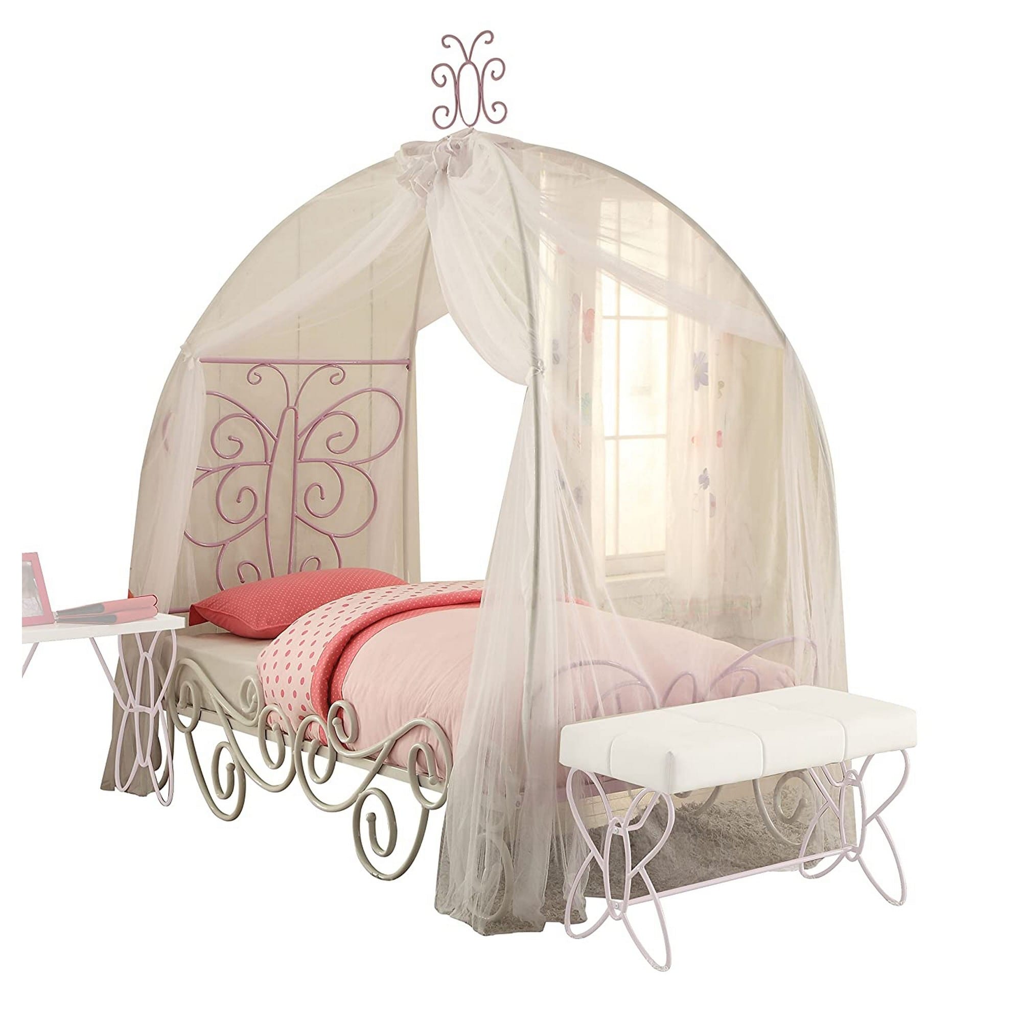 Contemporary Metal Twin Bed with Canopy and Scrolled Work Details, White and Purple