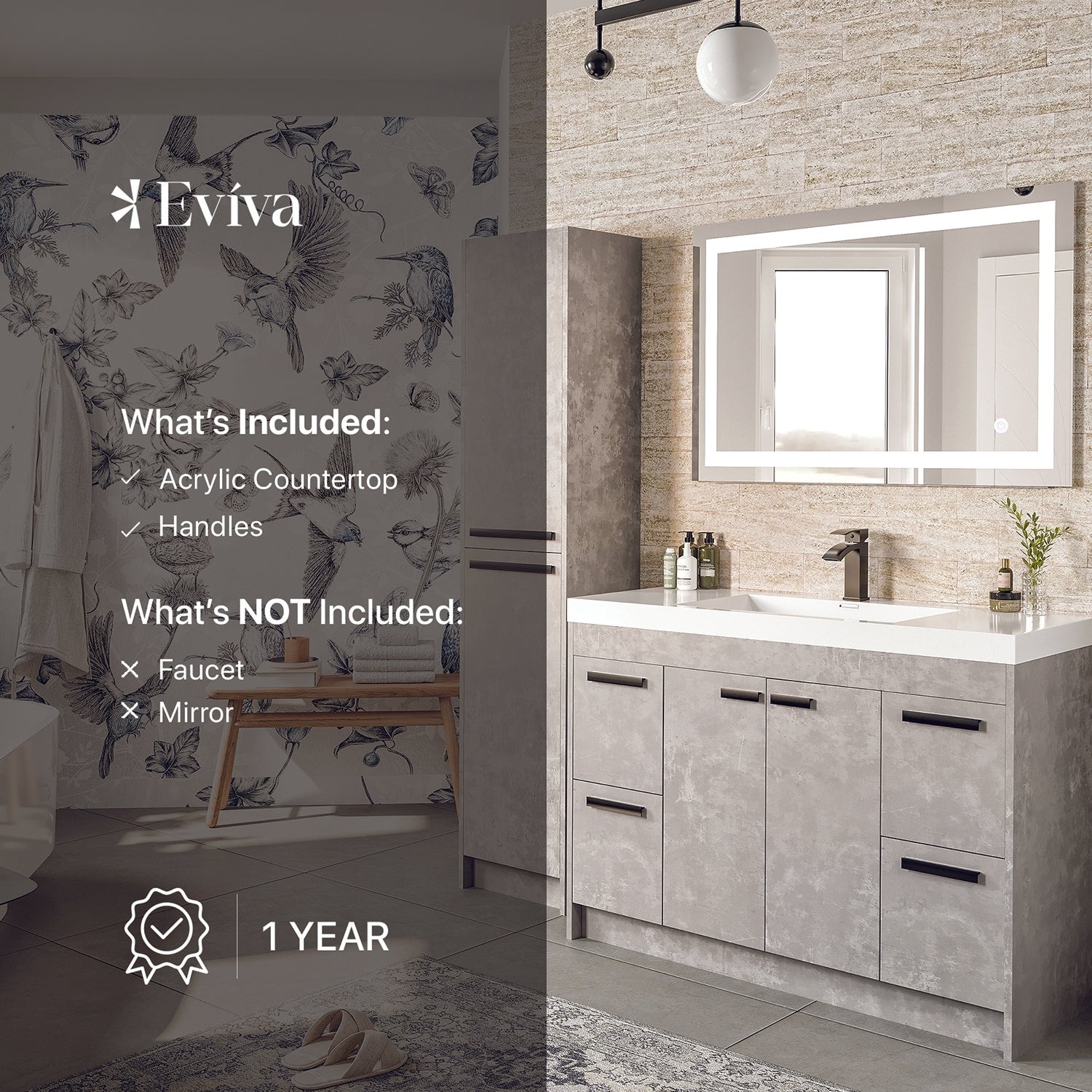 Eviva Lugano 48 inch Cement Gray Modern Bathroom Vanity with White Integrated Acrylic Top