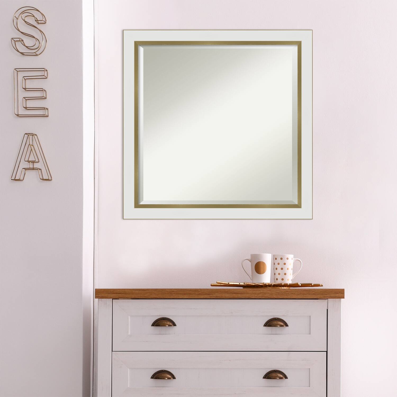 Beveled Bathroom Wall Mirror - Eva White Gold Narrow Frame