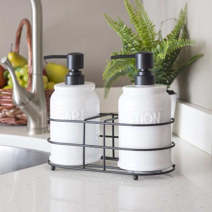 2 Piece Ceramic Soap Dispenser with Metal Rack, White