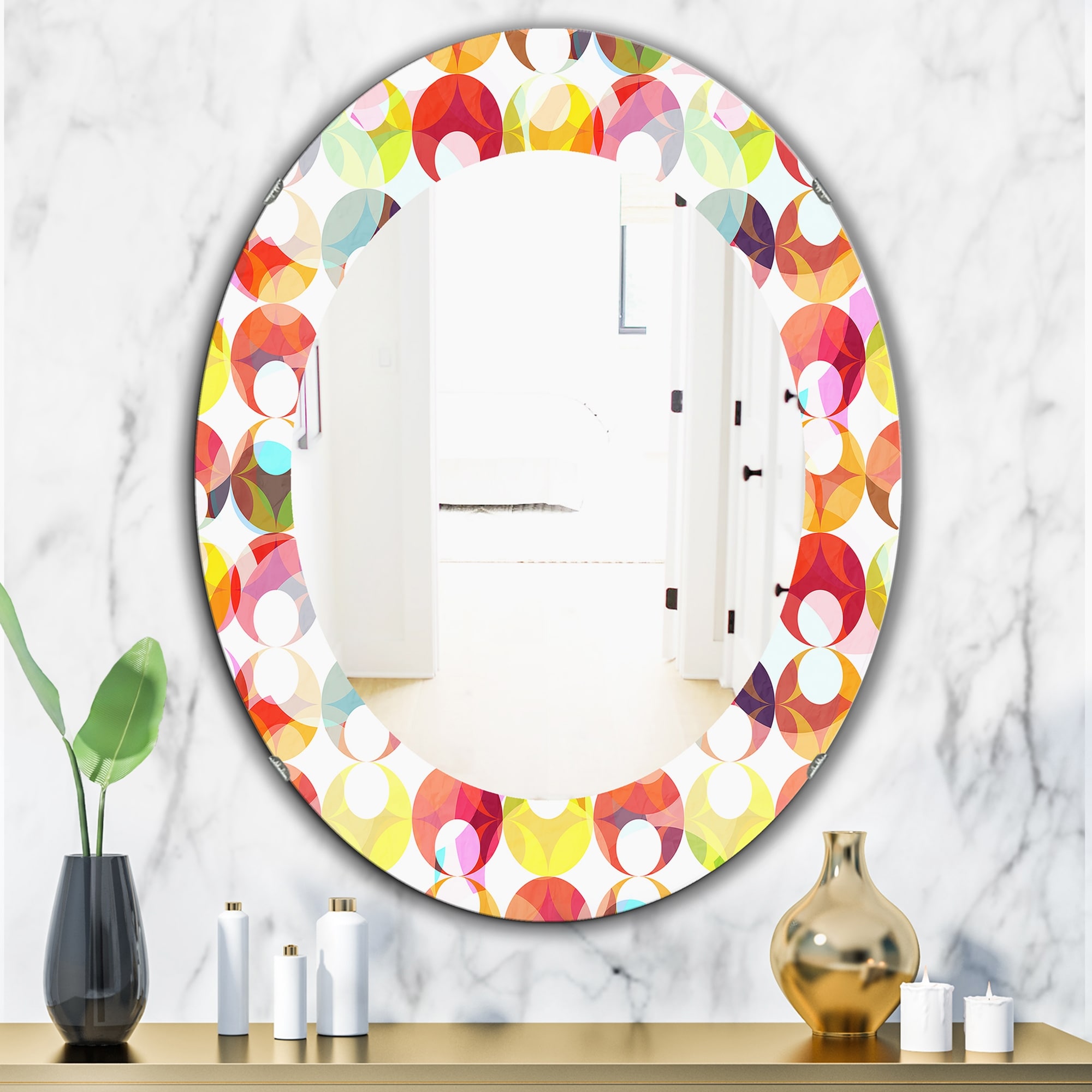 Designart 'Abstract Pattern With Colorful Circles' Printed Modern Mirror - Oval or Round Wall Mirror - White