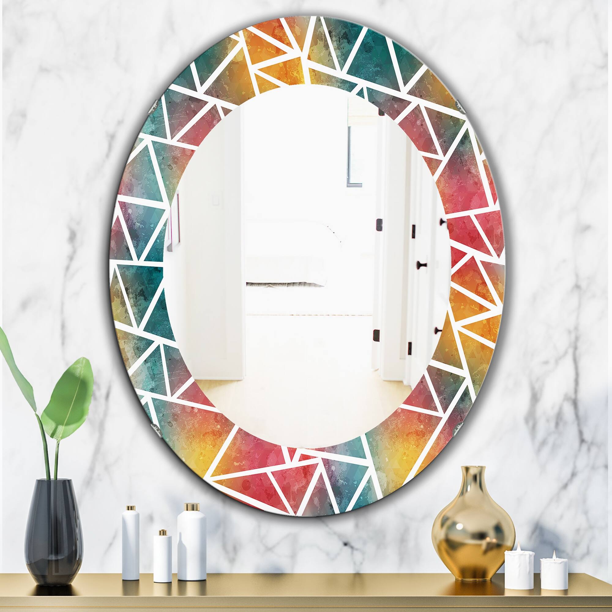 Designart 'Triangular Colourfields 7' Printed Modern Mirror - Oval or Round Wall Mirror - Gold