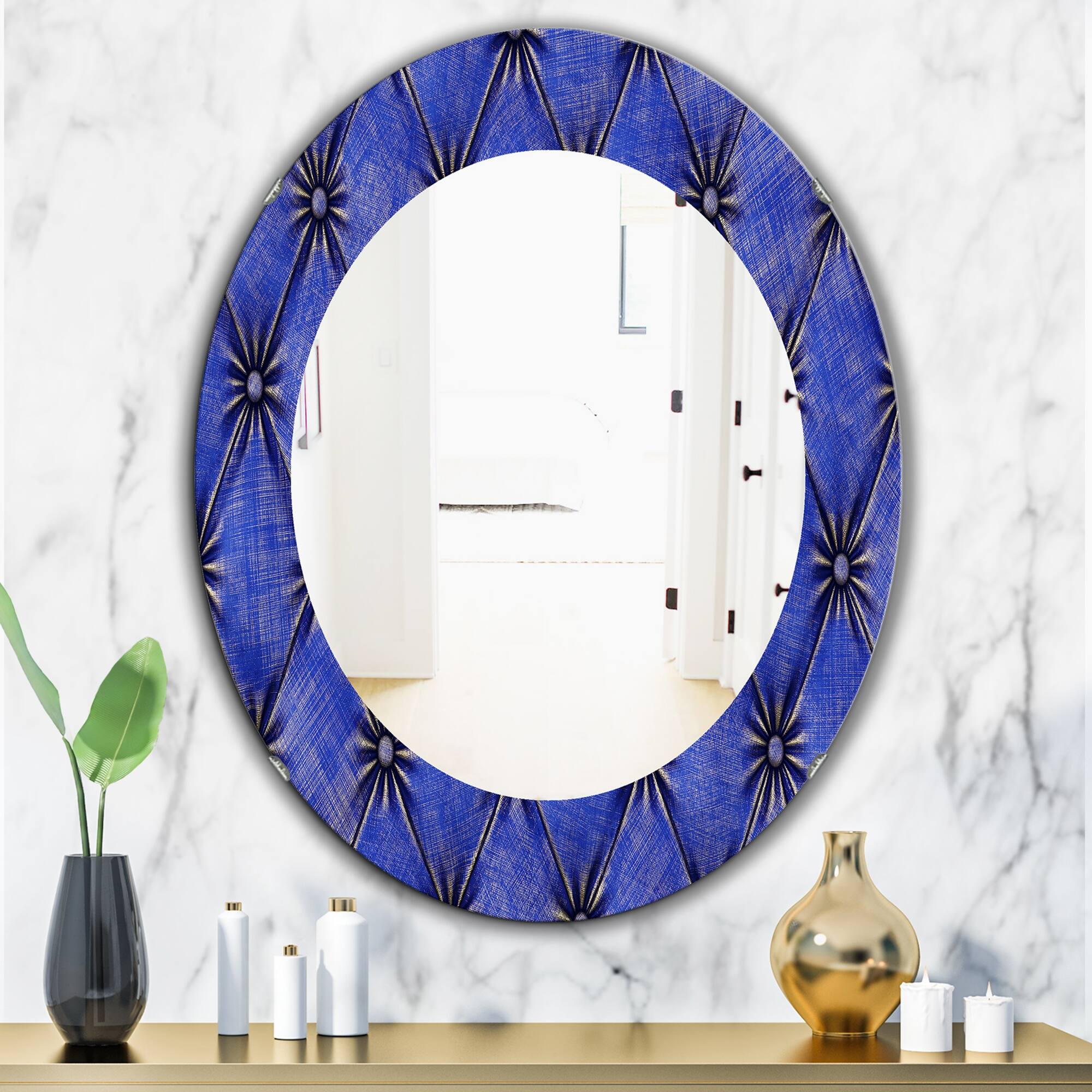 Designart 'Leather Print V' Printed Modern Mirror - Oval or Round Wall Mirror - Blue