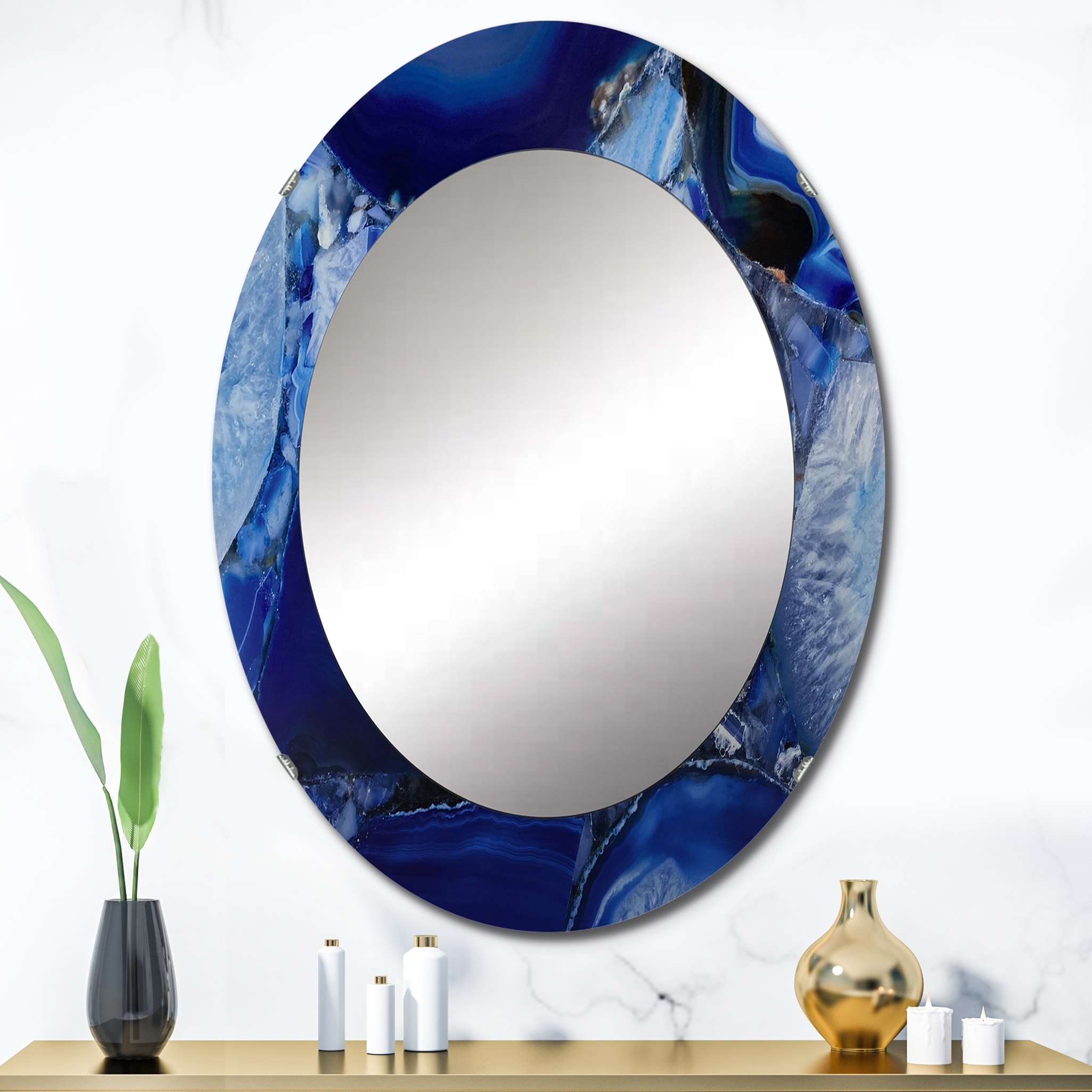 Designart 'Marbled Geode 11' Printed Mid-Century Oval or Round Wall Mirror - Blue
