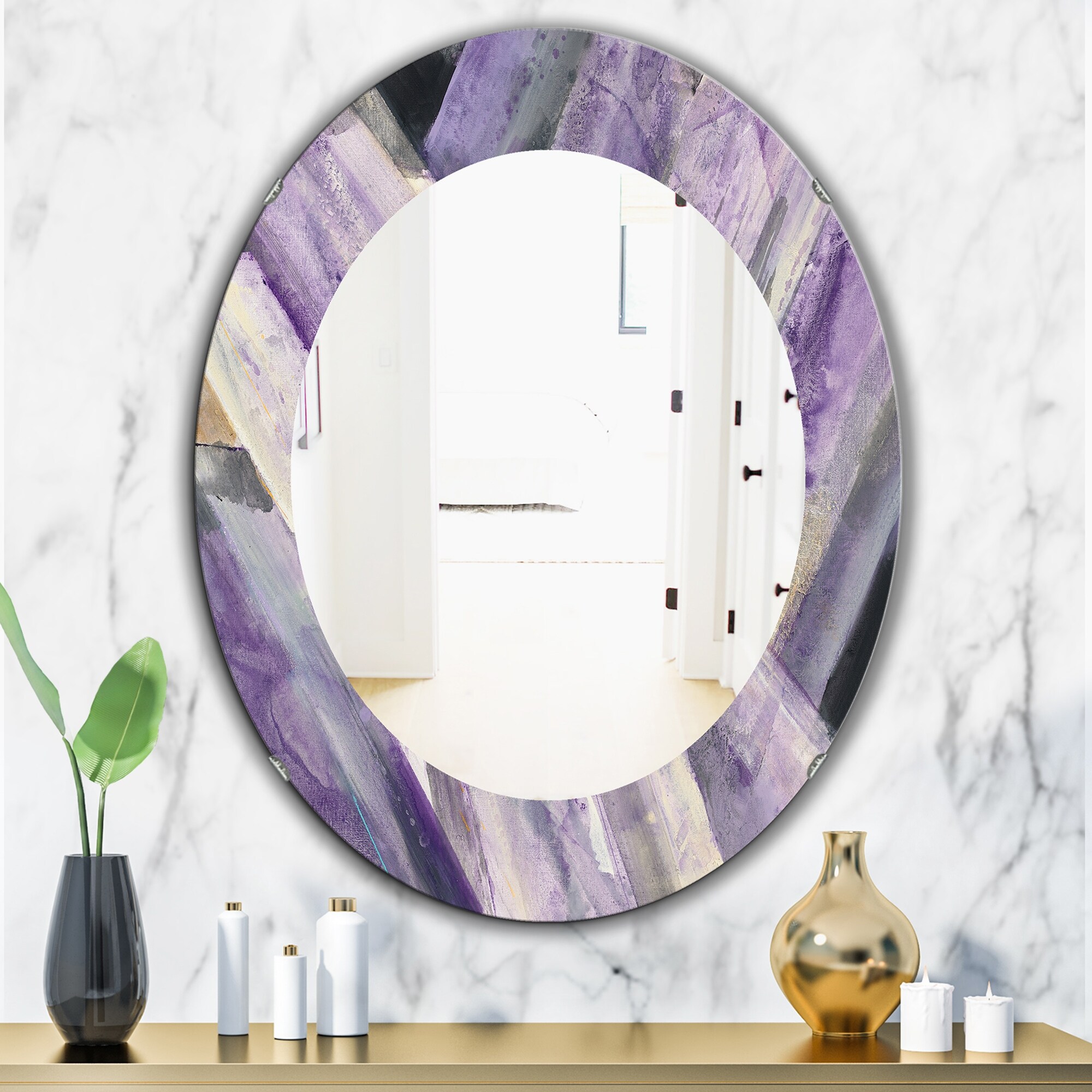 Designart 'Geometric Purple Glacier' Printed Modern Mirror - Oval or Round Wall Mirror