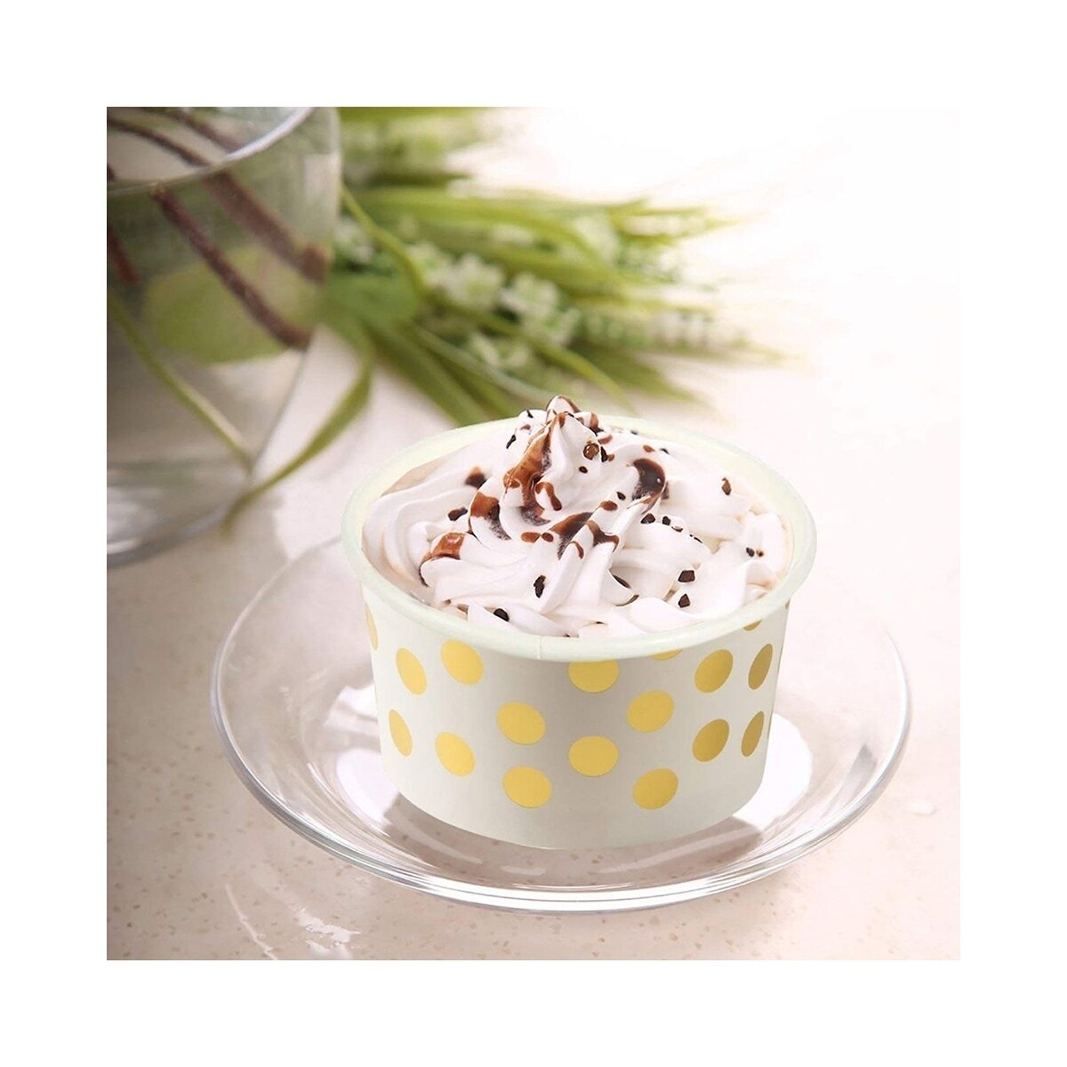 50-Count Paper Ice Cream Cups Yogurt Dessert Gold Polka Dot Party Bowls 8-Oz - White