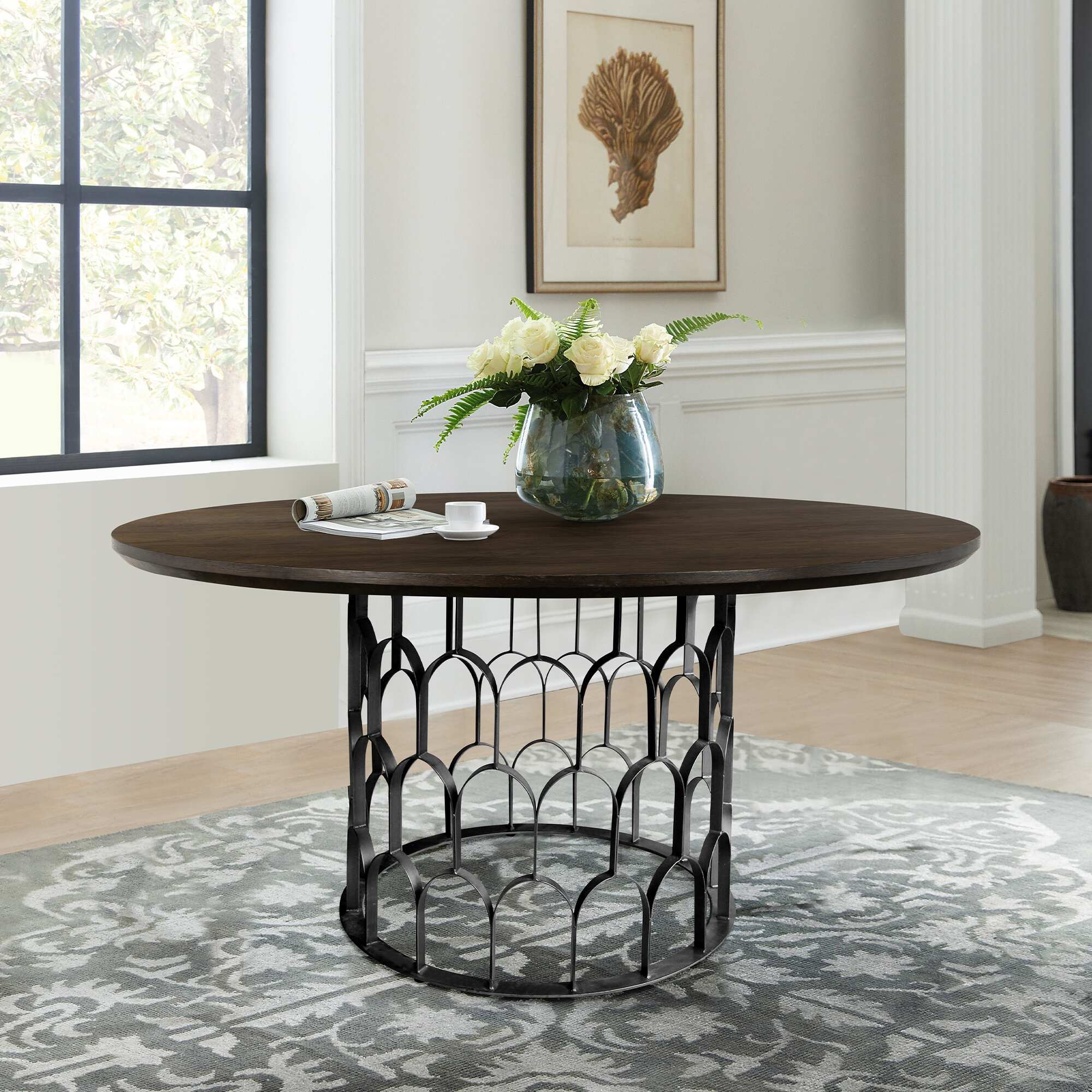 Gatsby Concrete or Wood 55" Round Dining Table with Metal Pedestal Base