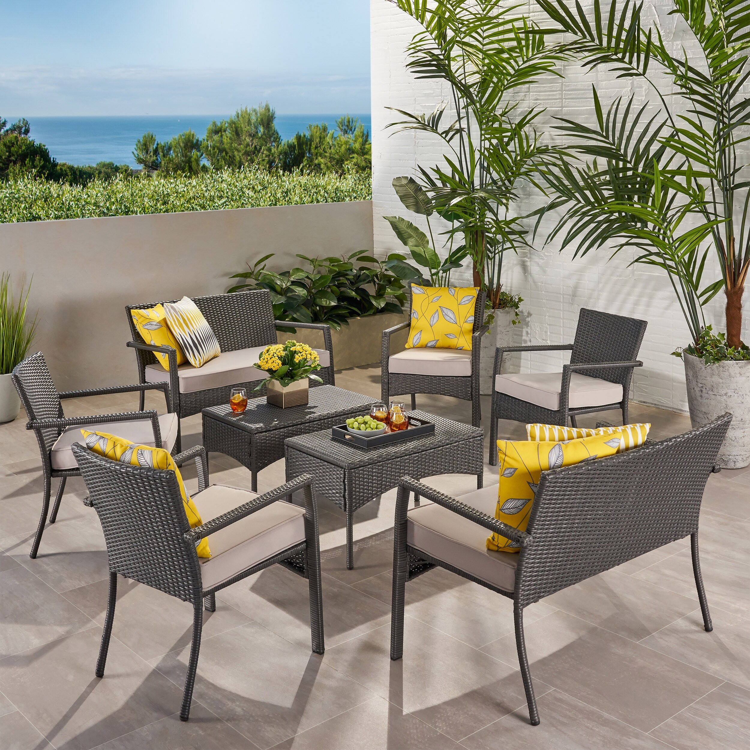 Cancun Outdoor 8-piece Cushioned Wicker Chat Set by Christopher Knight Home - Multibrown + Dark Cream Cushion