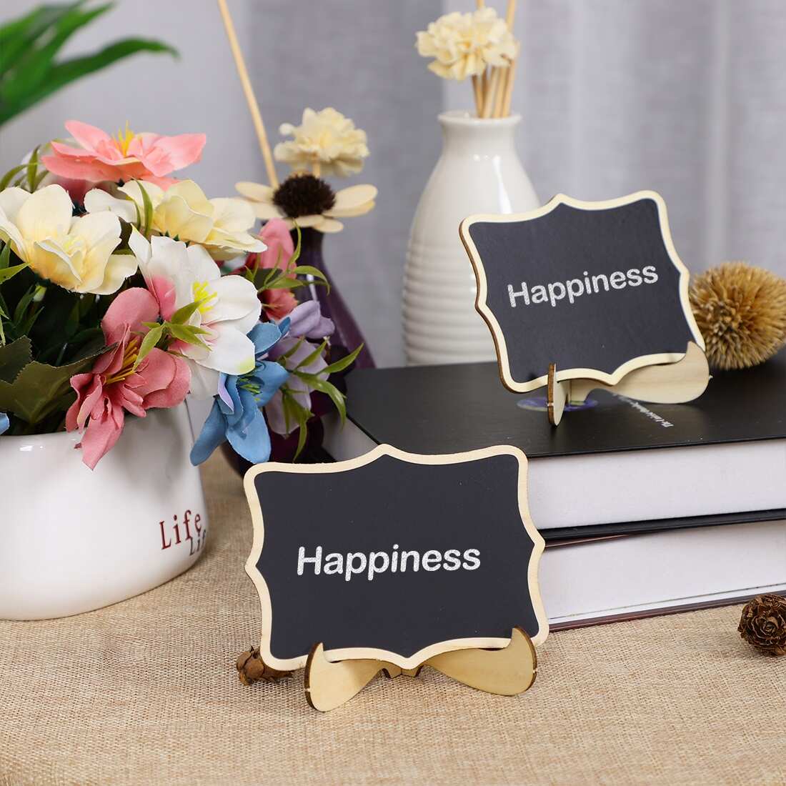 20pcs Wood Mini Chalkboard Tags w Base Stands for Message Board Signs - Black,Wood Color