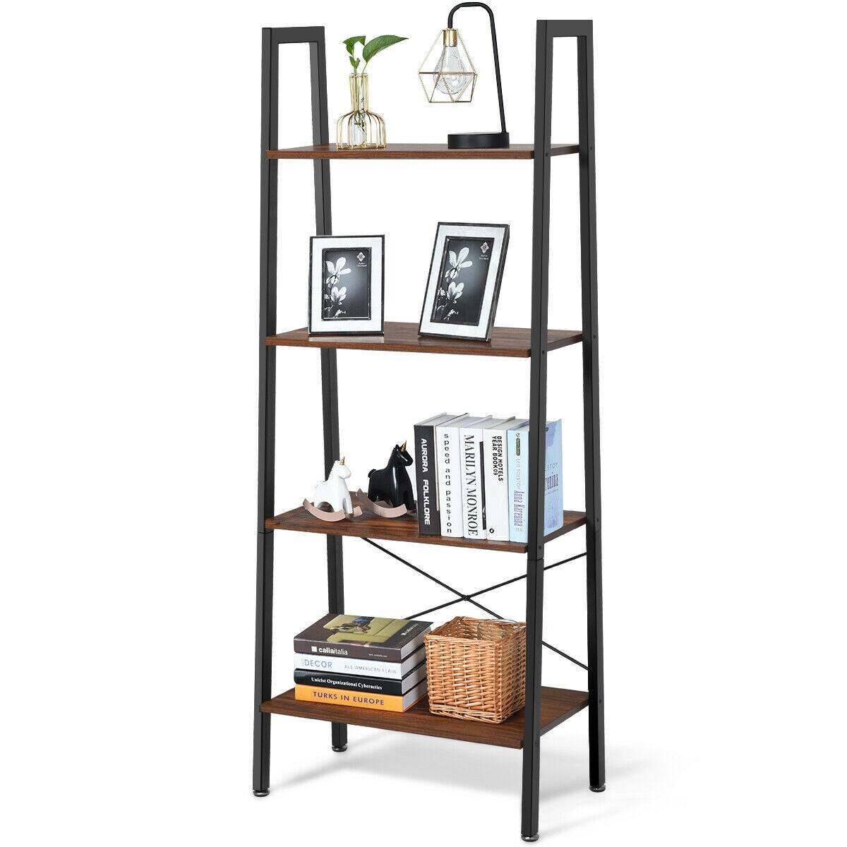 Gymax 4-Tier Ladder Shelf Ladder Bookcase Bookshelf Display Rack Plant