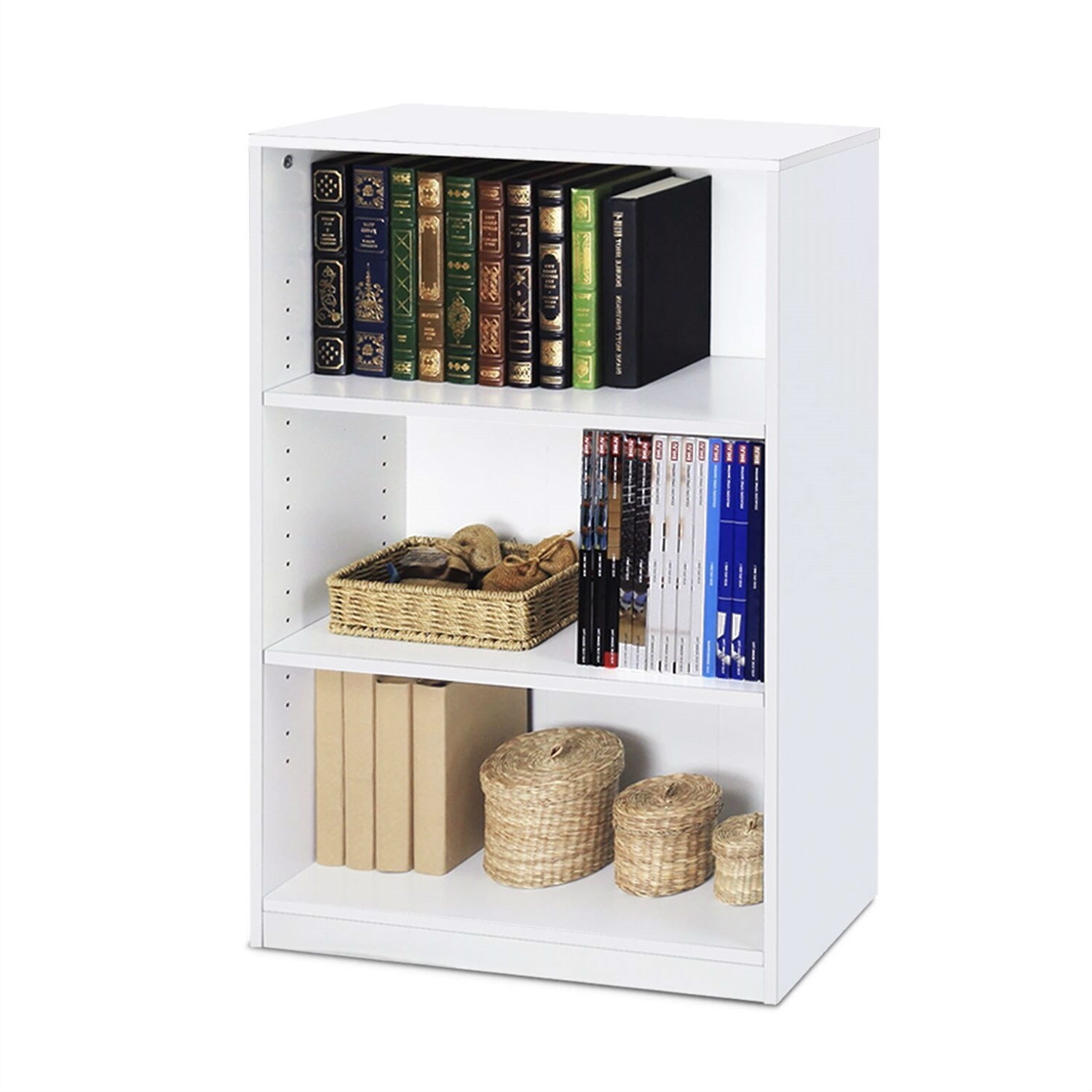 Modern 3-Shelf Bookcase in White Wood Finish - 9.5"D x 24.5"H x 40.3"W
