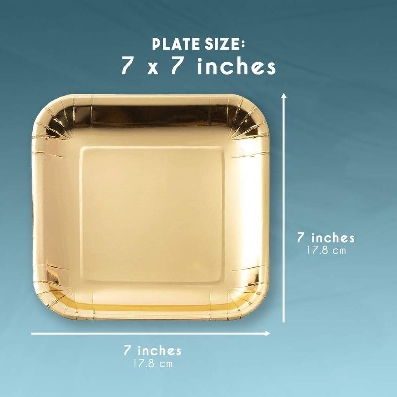 48x Disposable Square Metallic Gold Foil Paper Plates for Appetizer Dessert, 7"