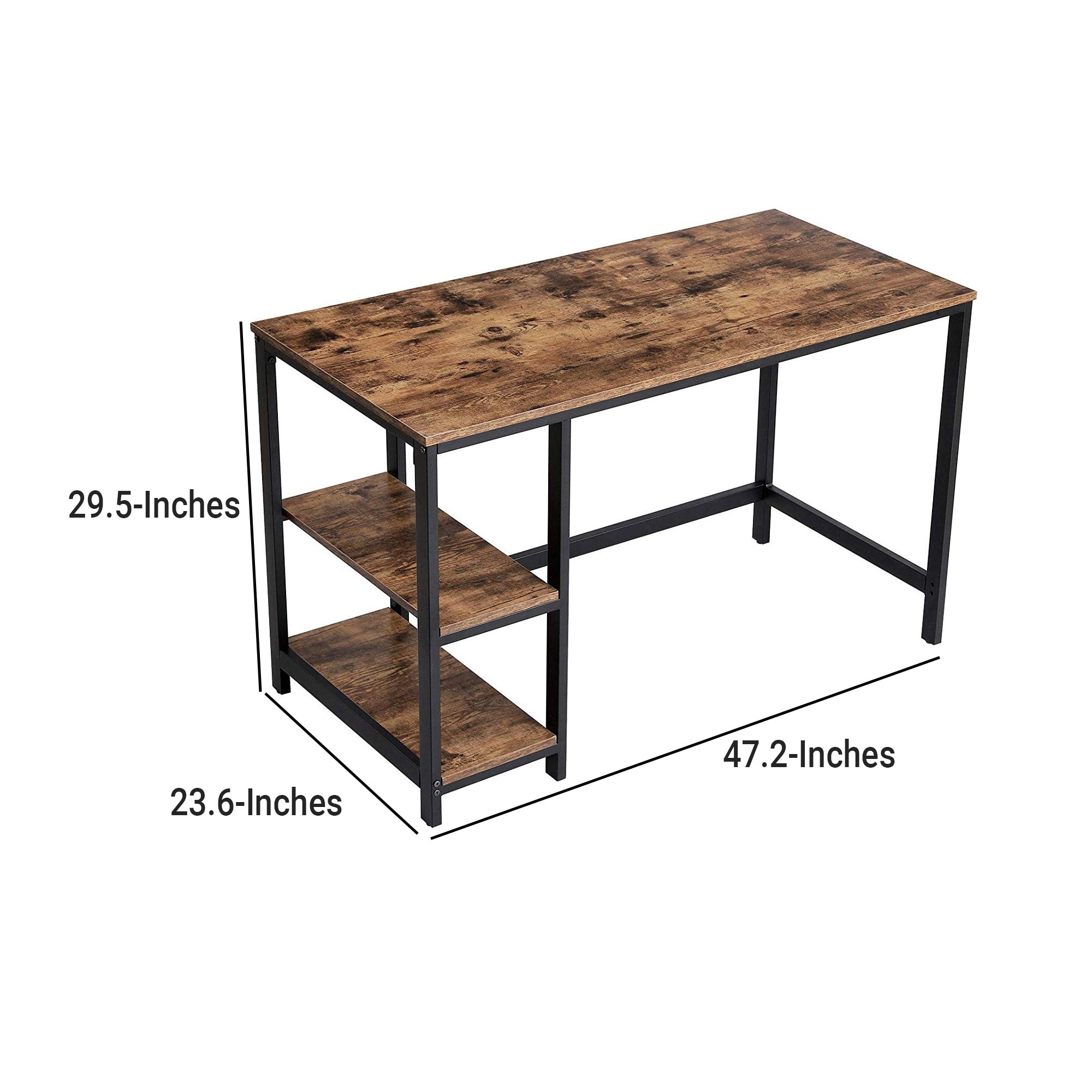 Industrial 47 Inch Wood and Metal Desk with 2 Shelves, Black and Brown