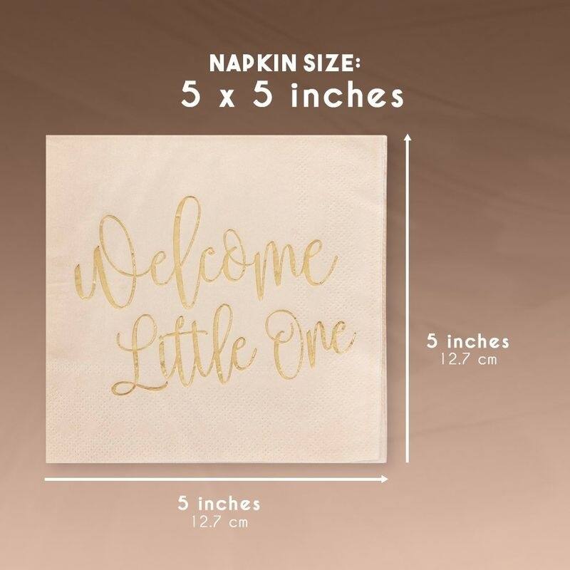 50 Baby Shower Cocktail Party Napkins Gold Foil Welcome Little One 5"x5" Folded
