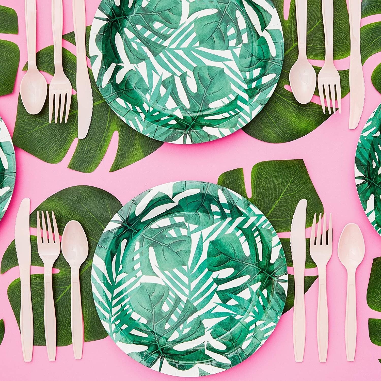 80-Count Disposable Paper Plates, Palm Leaves Design with Pink Background, 9 In