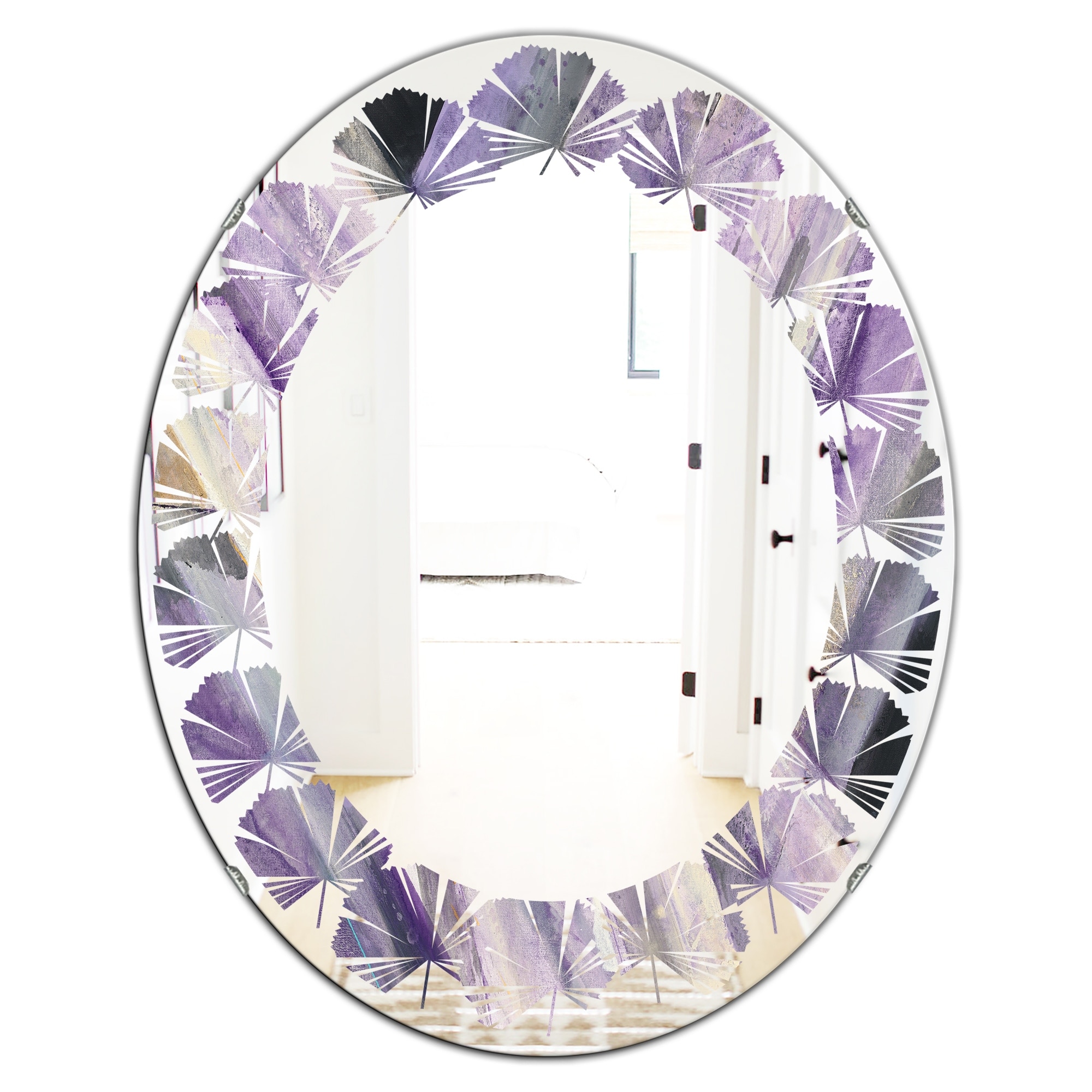 Designart 'Geometric Purple Glacier' Printed Modern Round or Oval Wall Mirror - Leaves